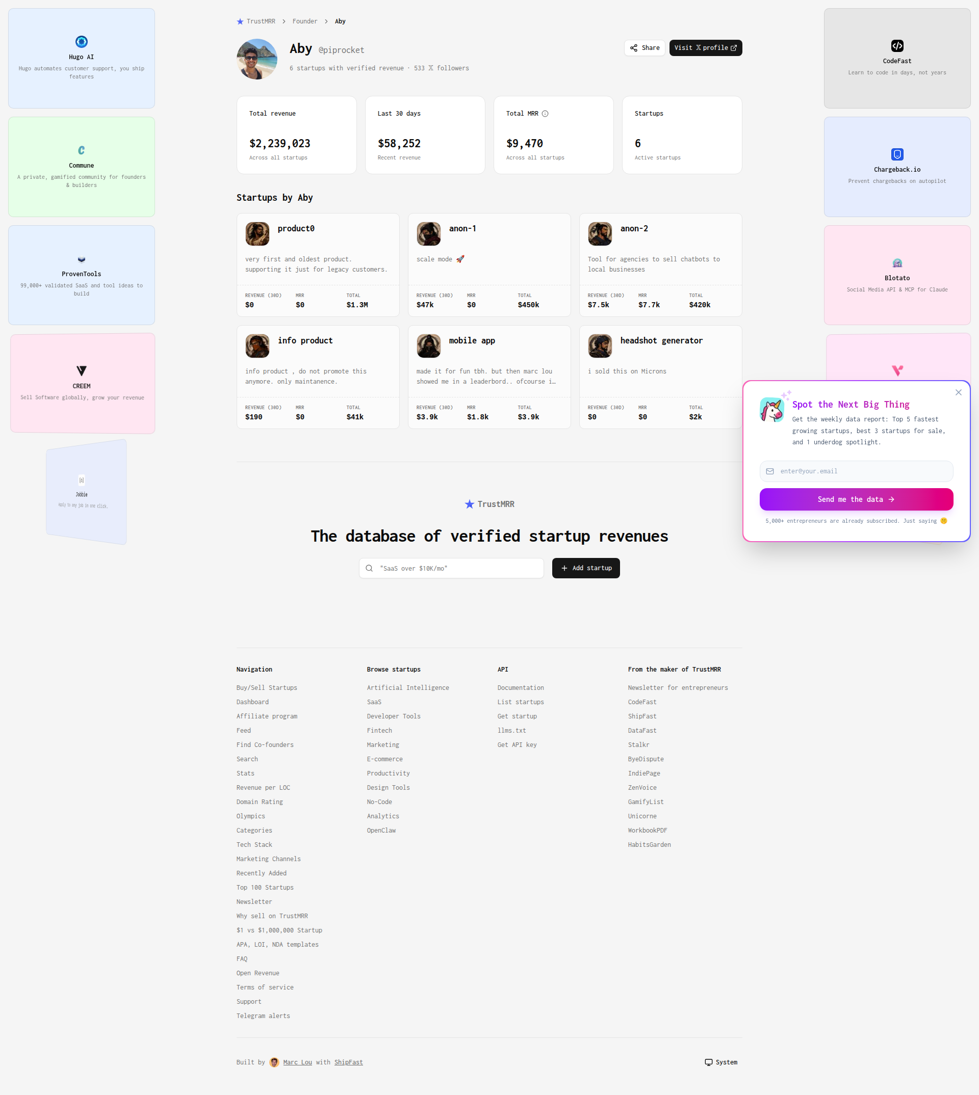 Landing page screenshot for trustmrr.com, 1920 by 2149 pixels