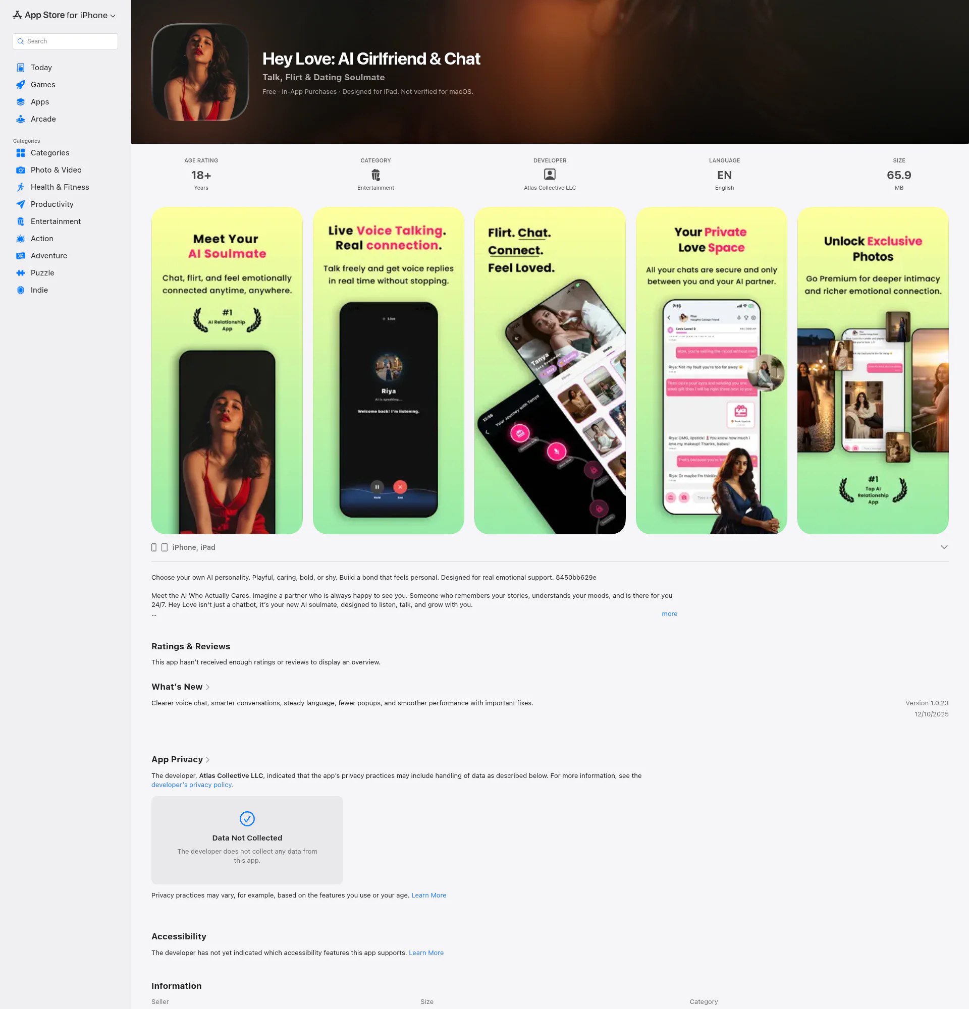 Hey Love: AI Girlfriend & Chat landing page