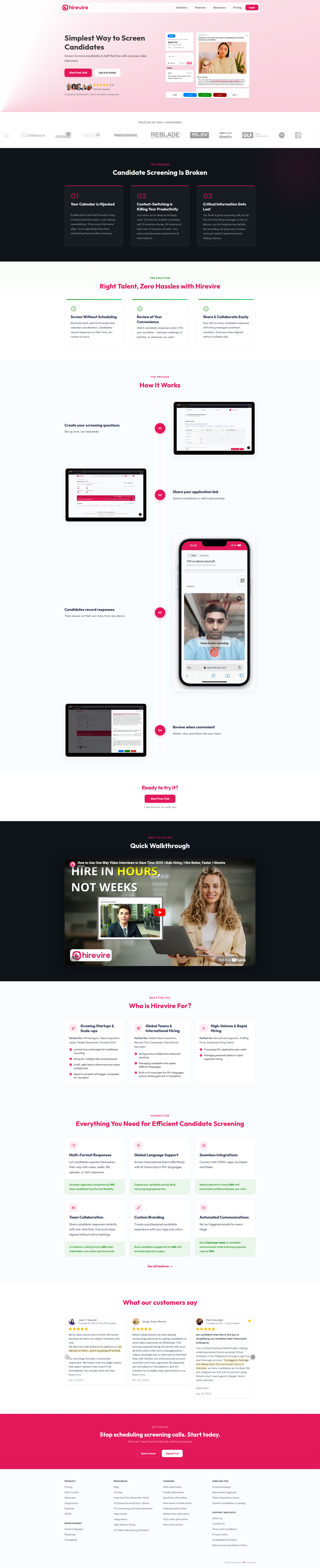 Landing page screenshot for hirevire.com, 1920 by 9418 pixels