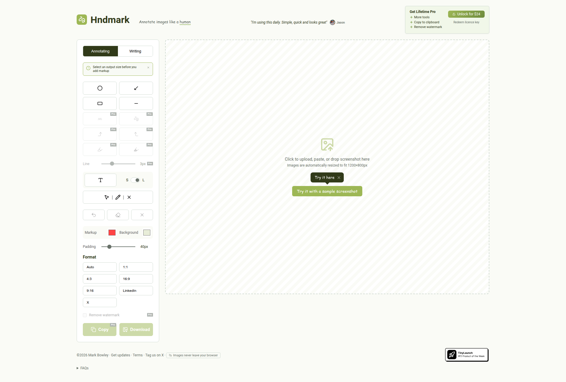 Landing page screenshot for hndmark.com, 1920 by 1296 pixels