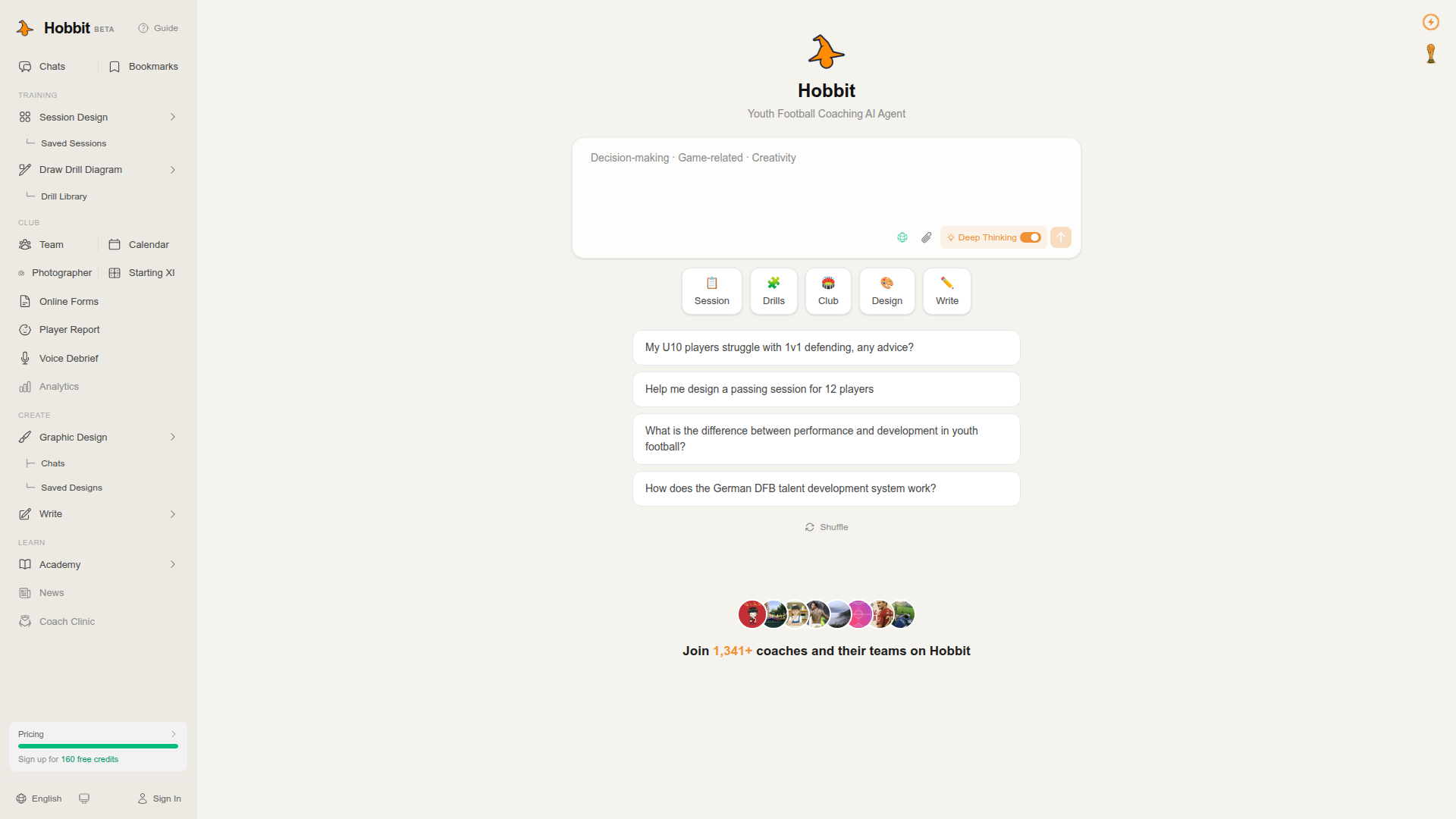 Landing page screenshot for hobbit.football, 1920 by 1080 pixels