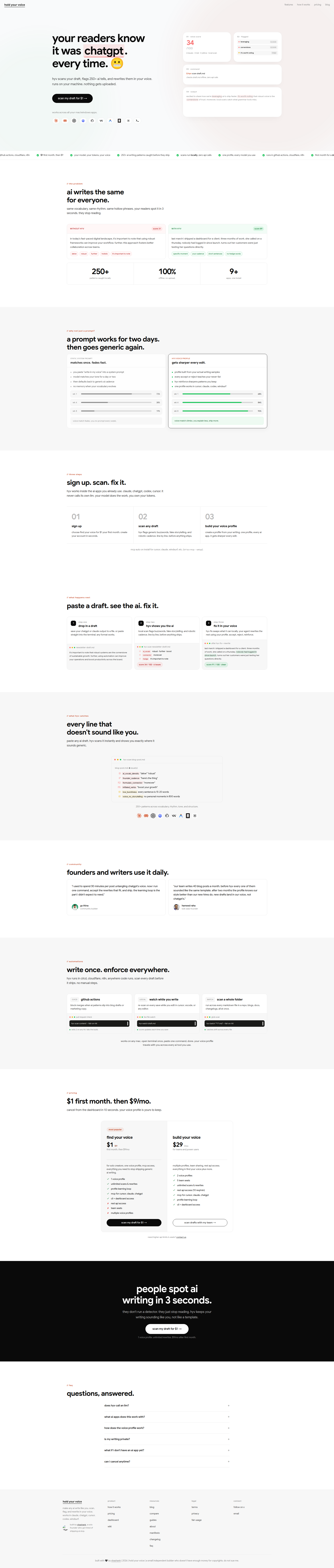 Landing page screenshot for holdyourvoice.com, 1920 by 9004 pixels