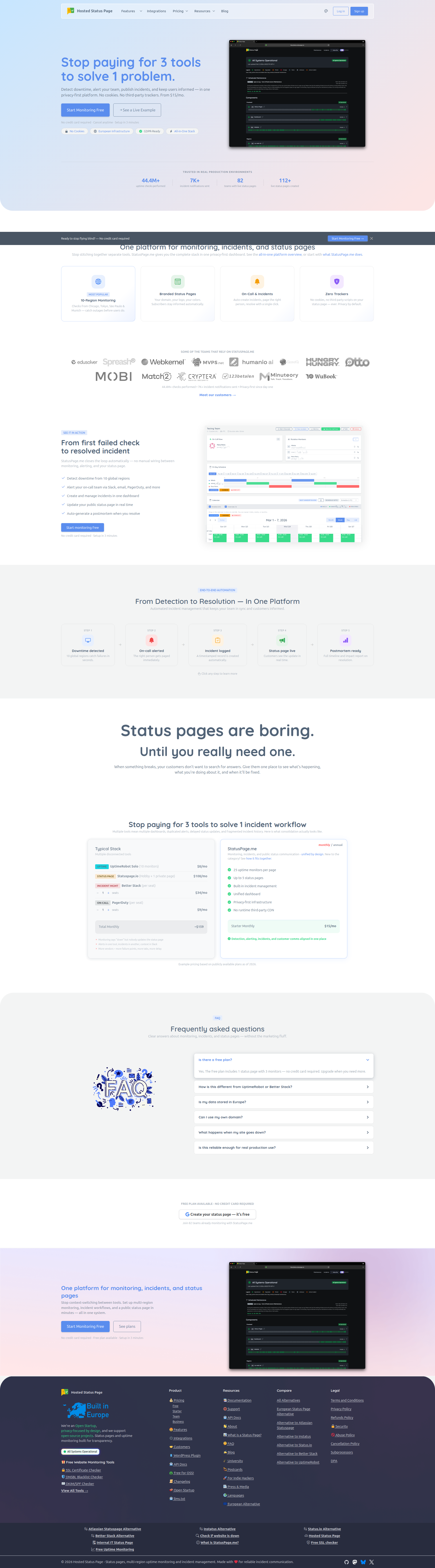 Landing page screenshot for statuspage.me, 1920 by 6912 pixels