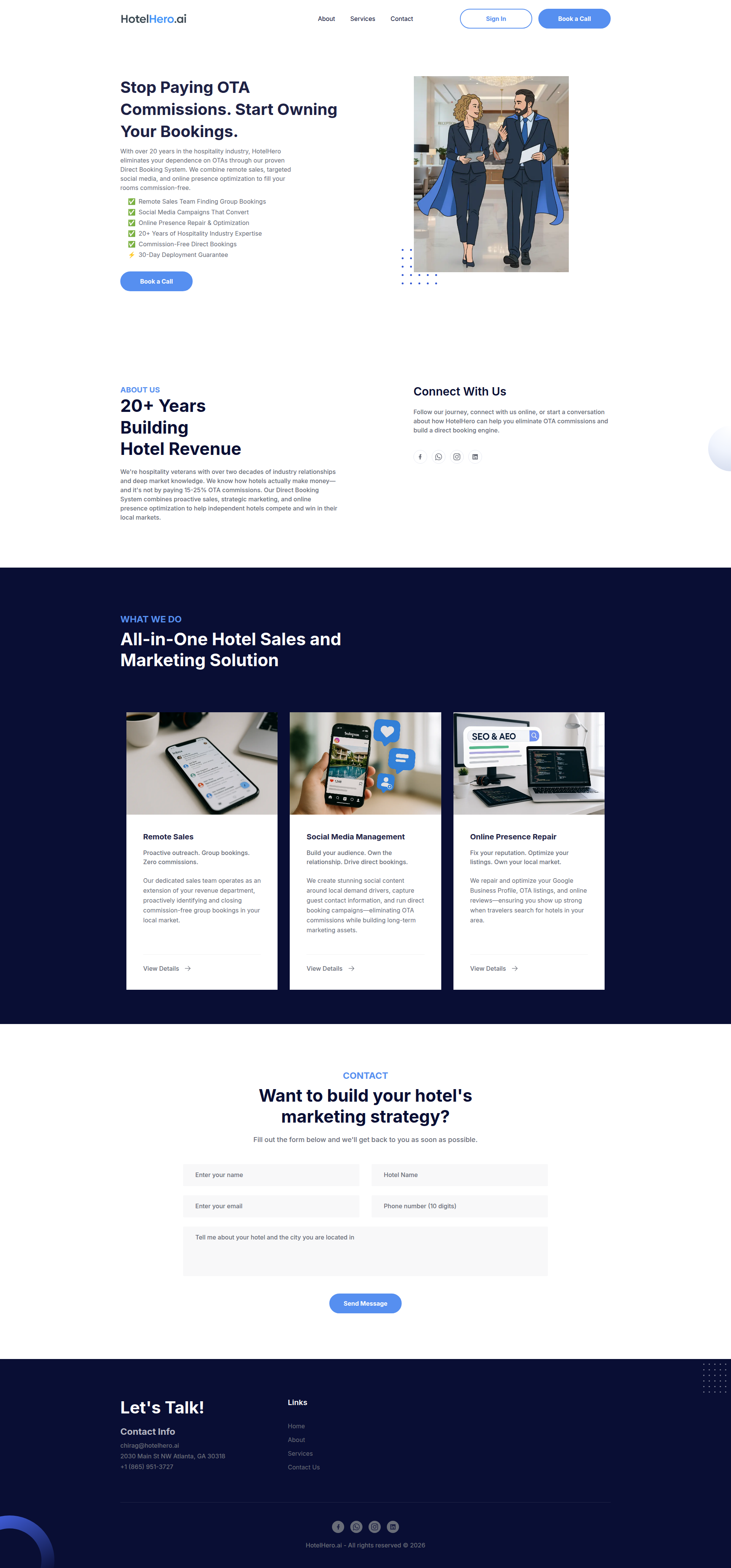 Landing page screenshot for hotelhero.ai, 1920 by 4119 pixels