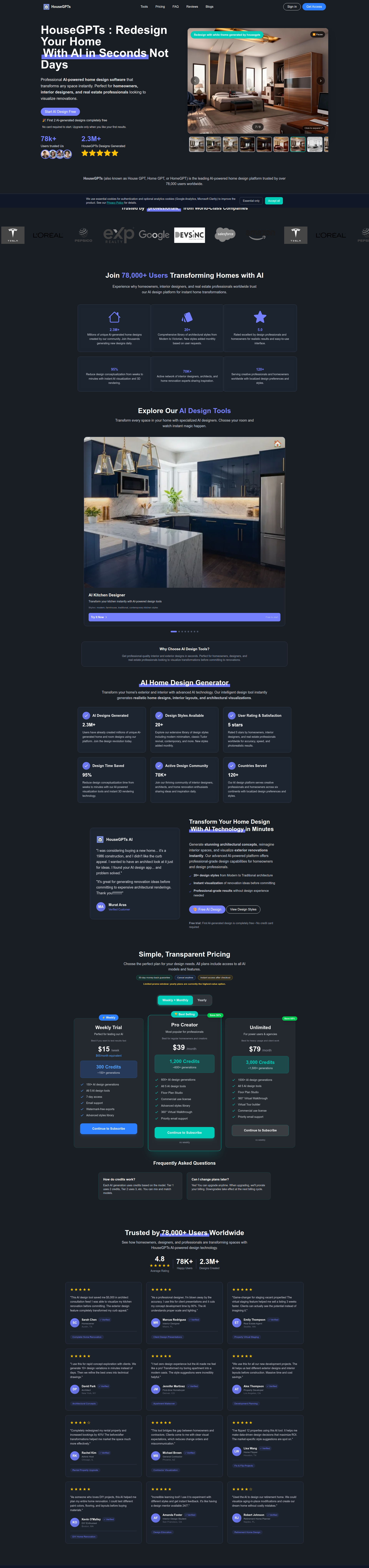 Landing page screenshot for housegpts.com, 1920 by 8153 pixels