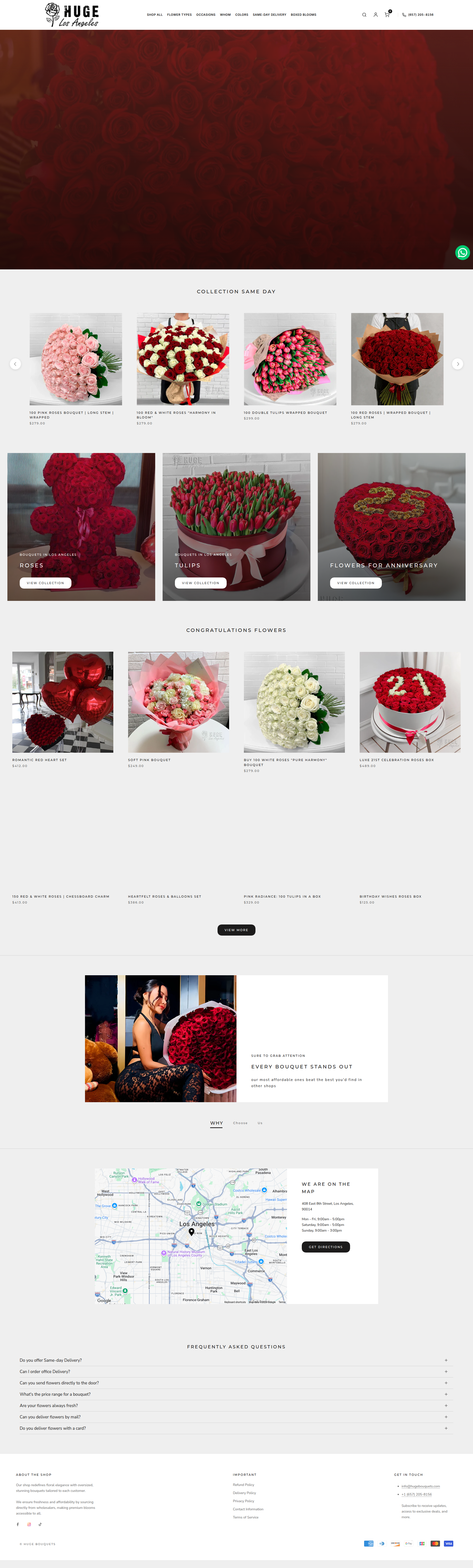 Landing page screenshot for hugebouquets.com, 1920 by 6362 pixels
