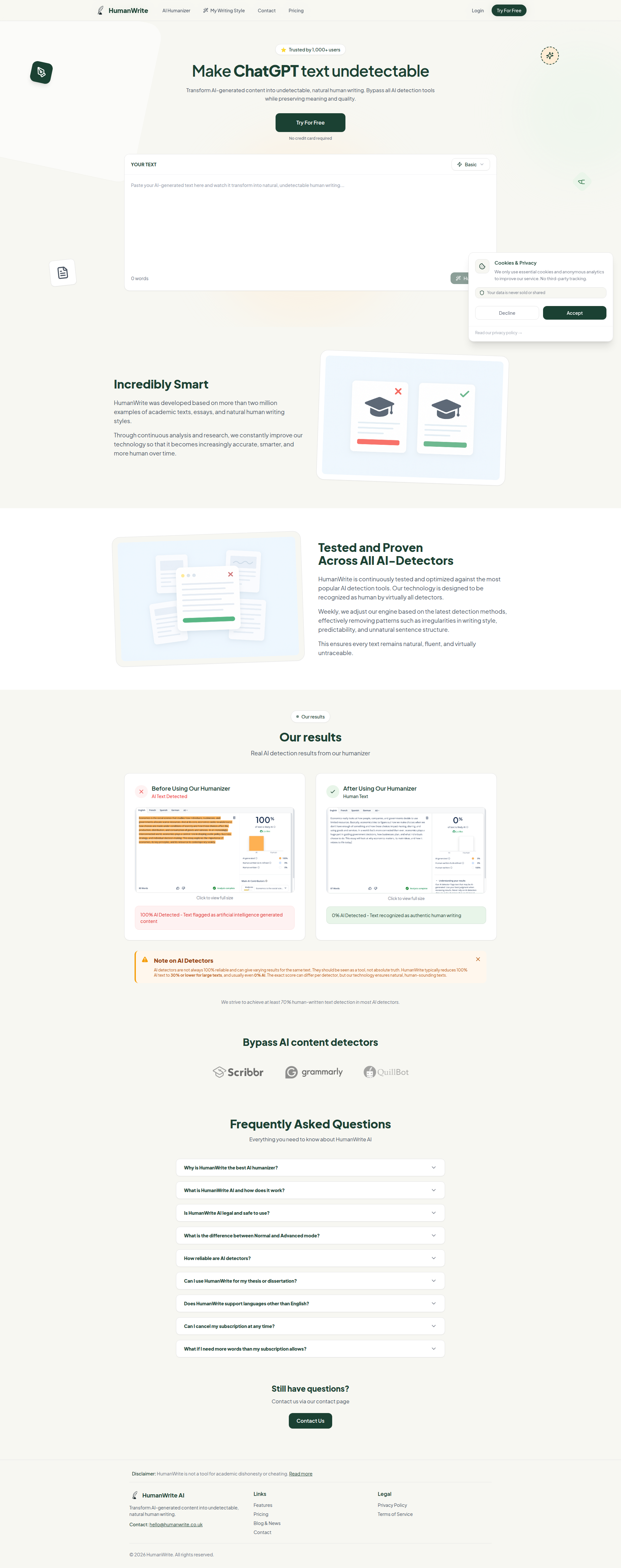 Landing page screenshot for humanwrite.co.uk, 1920 by 4847 pixels