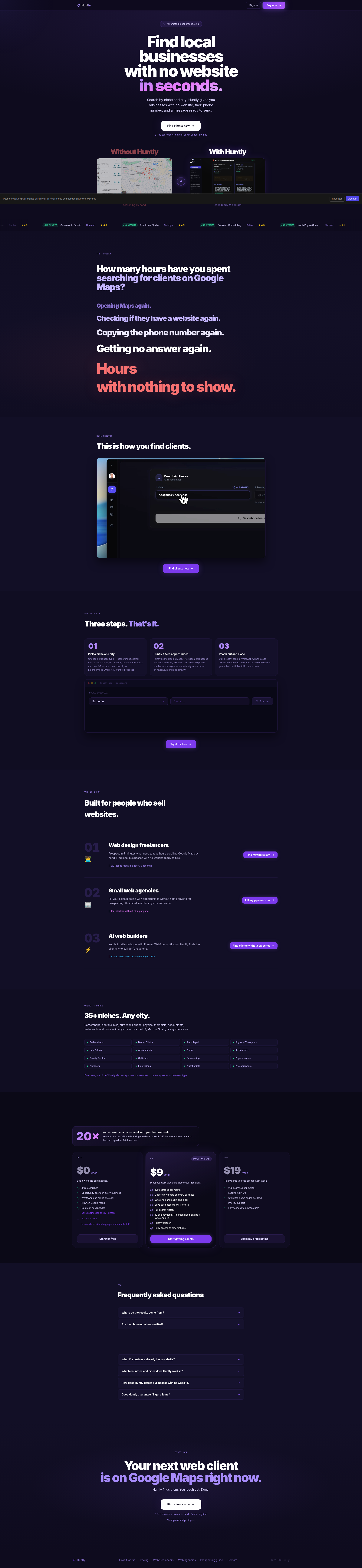 Landing page screenshot for tryhuntly.com, 1920 by 8307 pixels