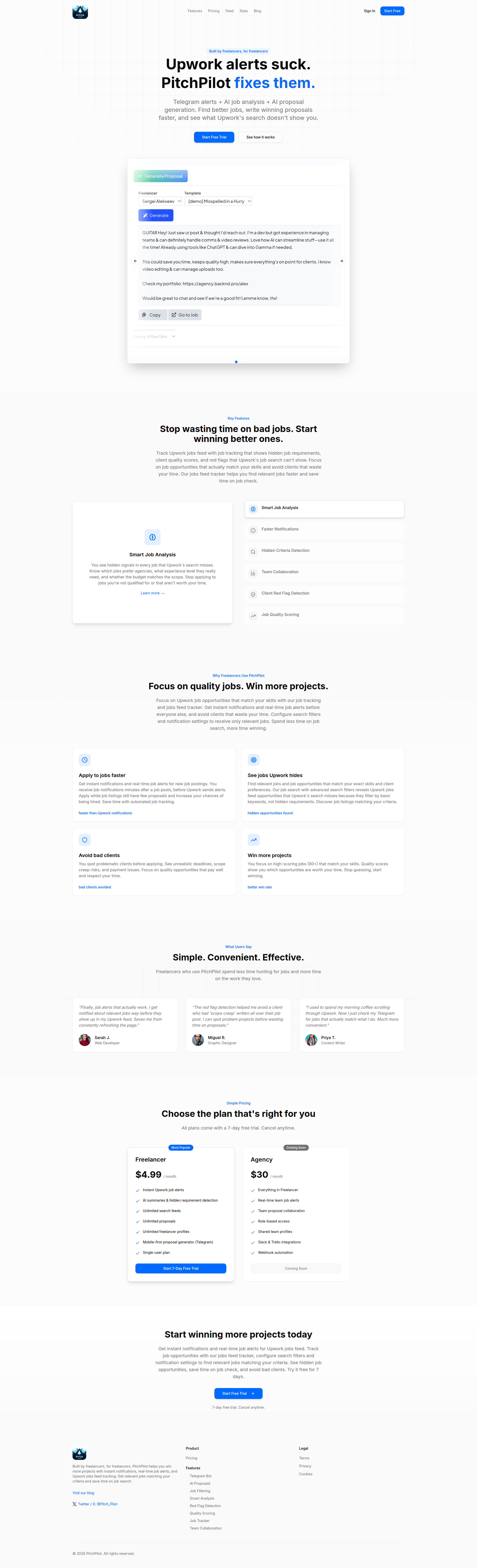 Landing page screenshot for pitch-pilot.ai, 1920 by 6308 pixels