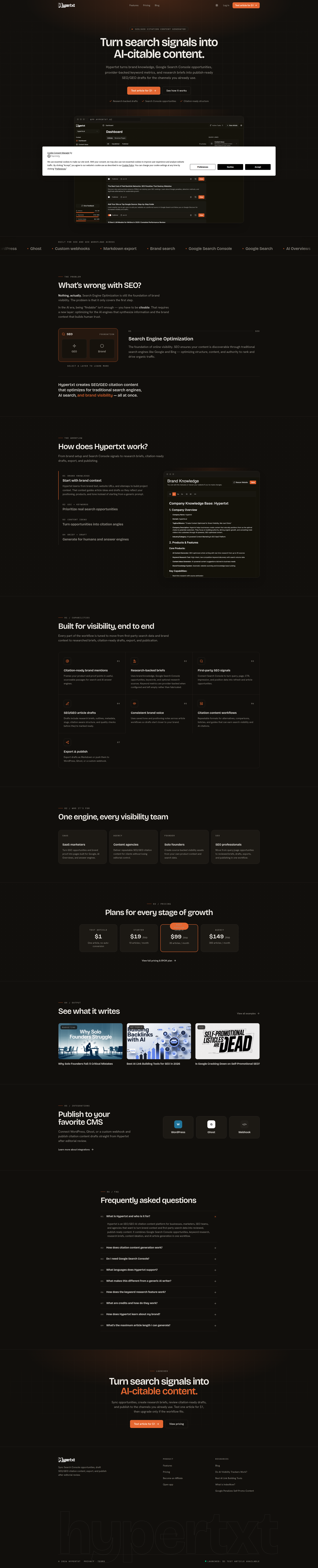 Landing page screenshot for hypertxt.ai, 1920 by 9461 pixels