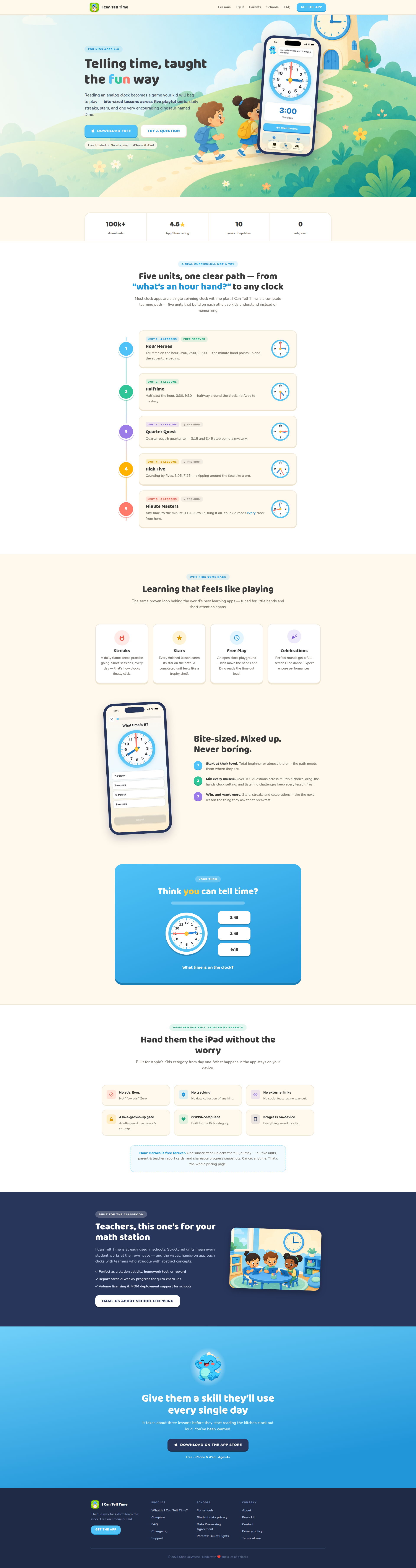 Landing page screenshot for icantelltime.com, 1920 by 7232 pixels