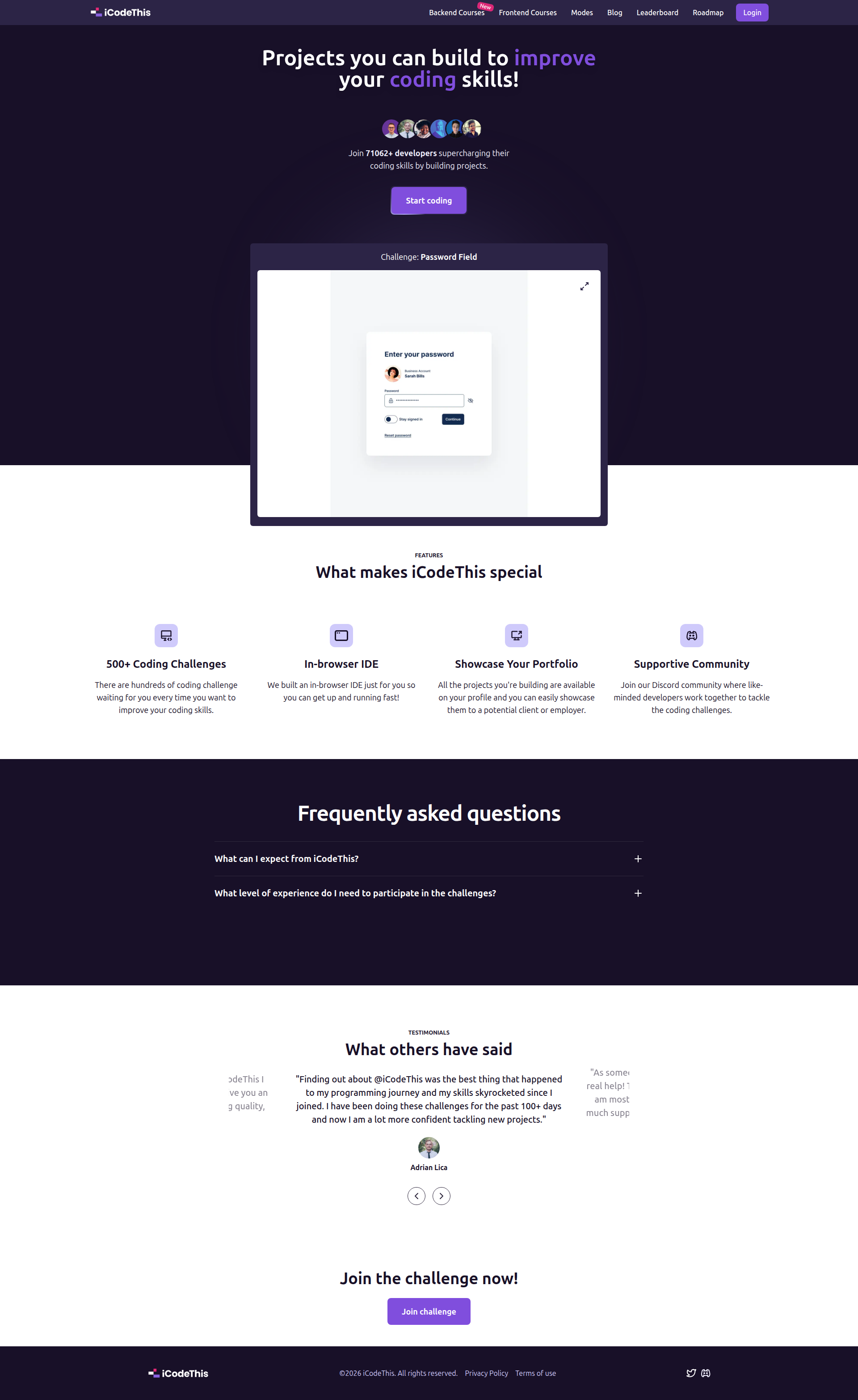 Landing page screenshot for icodethis.com, 1920 by 3130 pixels