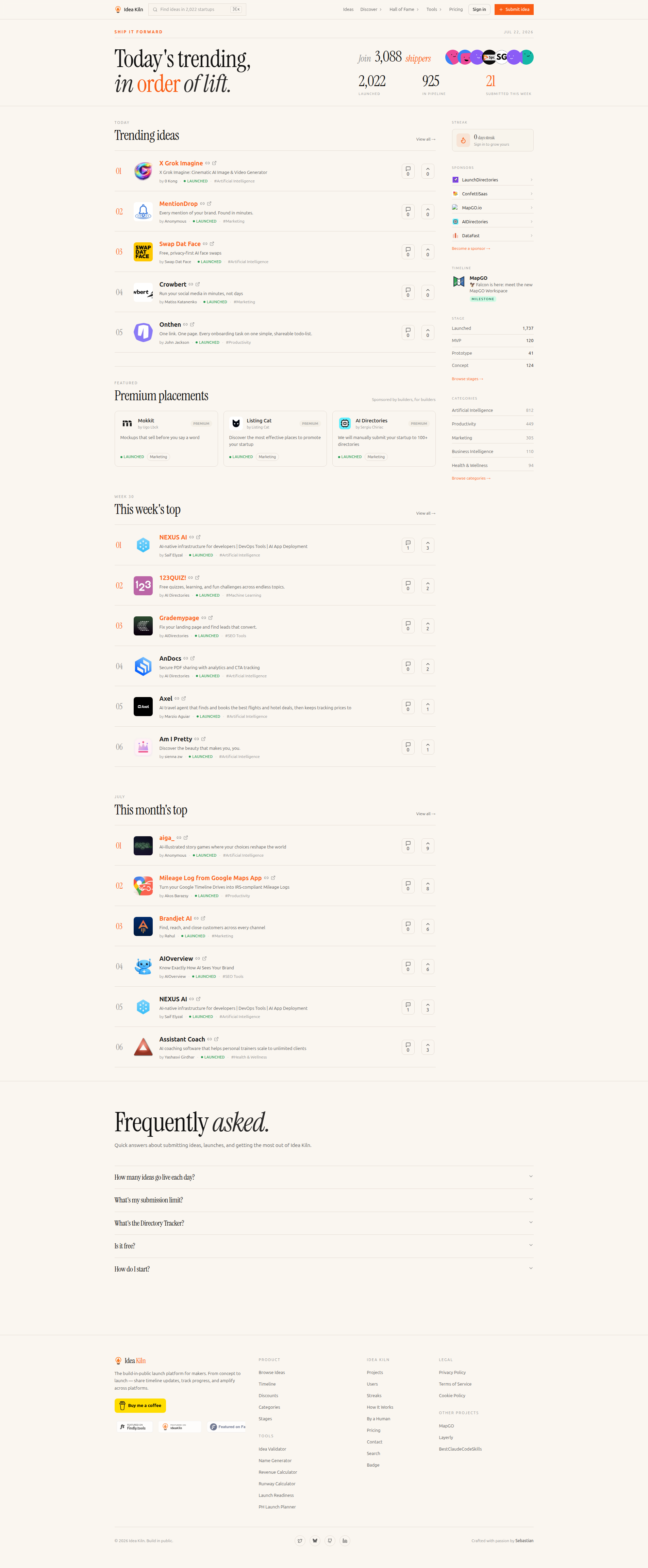 Landing page screenshot for ideakiln.com, 1905 by 4607 pixels