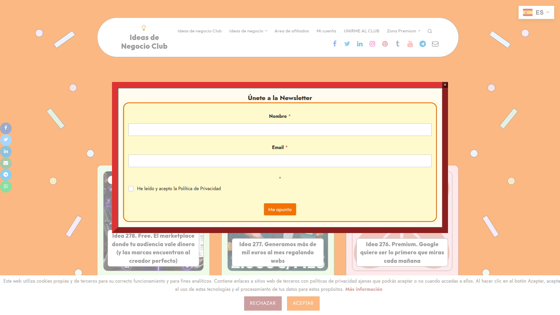 Landing page screenshot for ideasdenegocio.club, 1920 by 1080 pixels