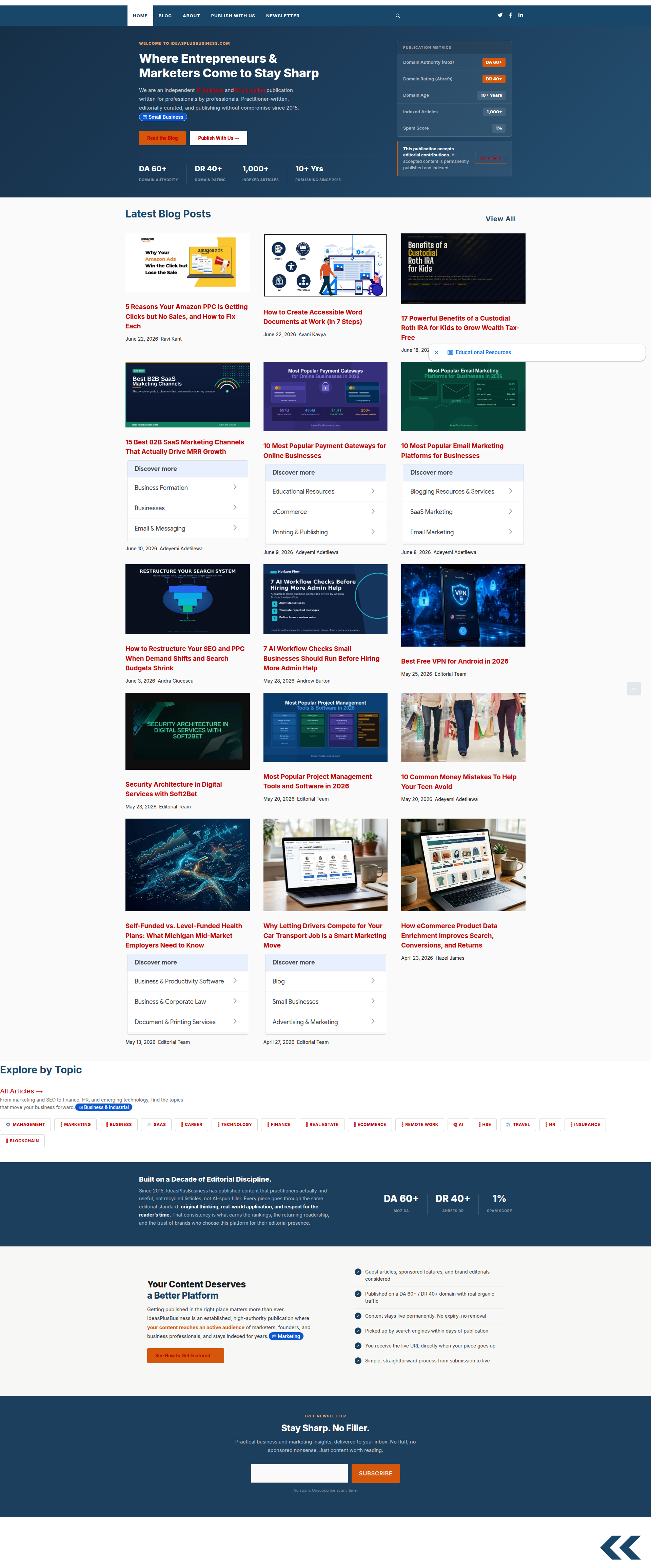 Landing page screenshot for ideasplusbusiness.com, 1920 by 4622 pixels