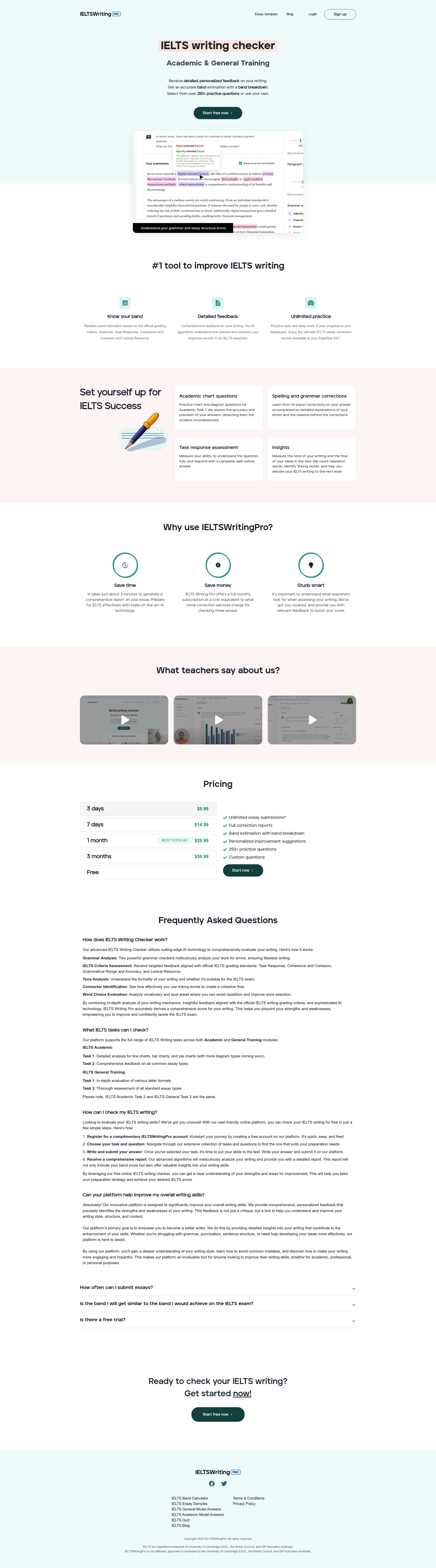 Landing page screenshot for ieltswritingpro.com, 1920 by 6894 pixels