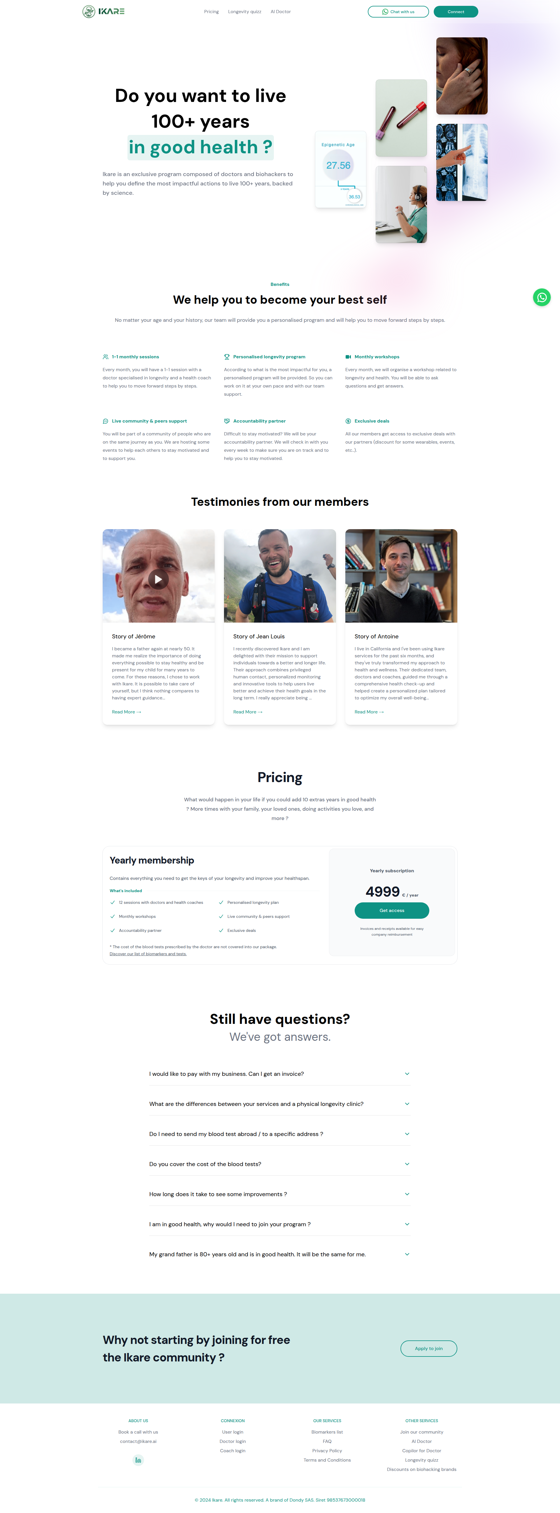Landing page screenshot for ikare.health, 1920 by 5181 pixels