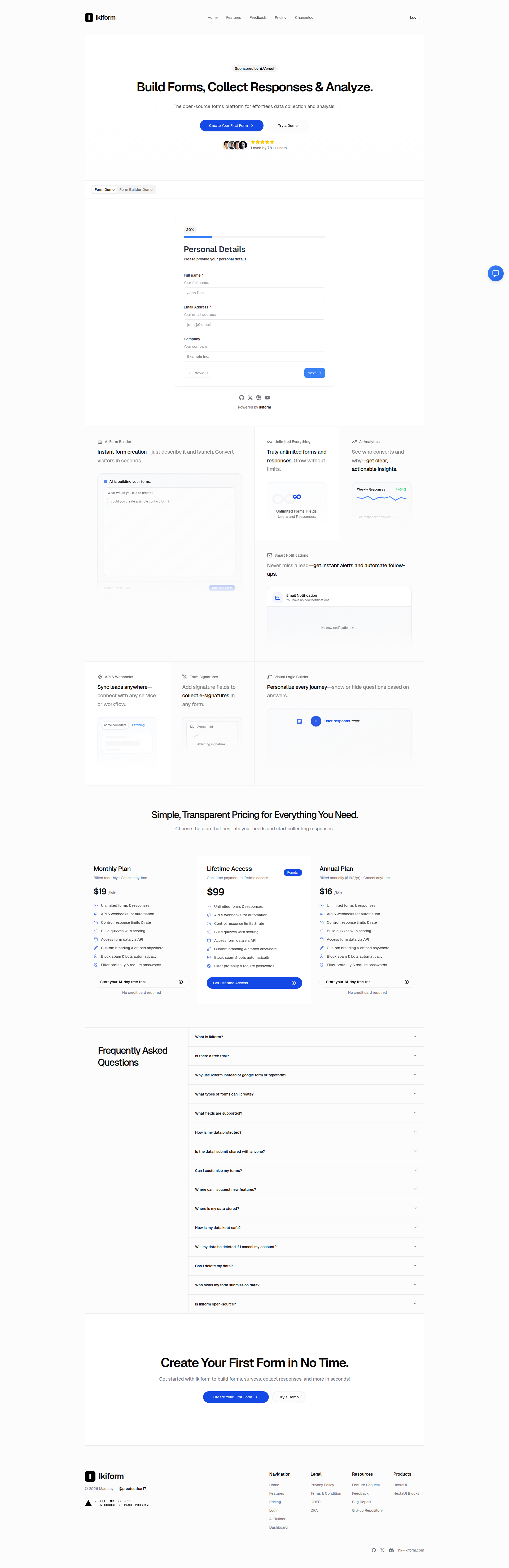 Landing page screenshot for ikiform.com, 1920 by 5907 pixels