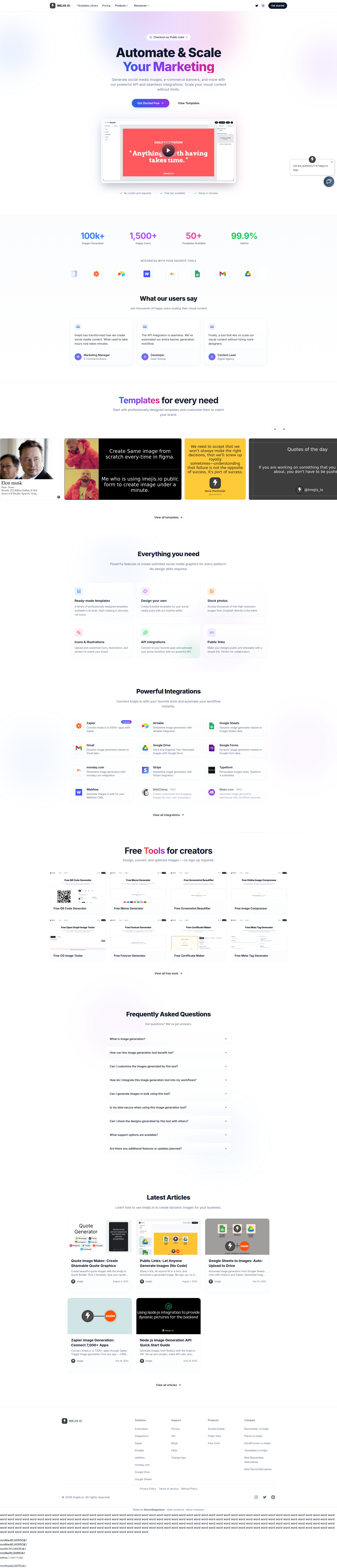 Landing page screenshot for imejis.io, 1920 by 8926 pixels