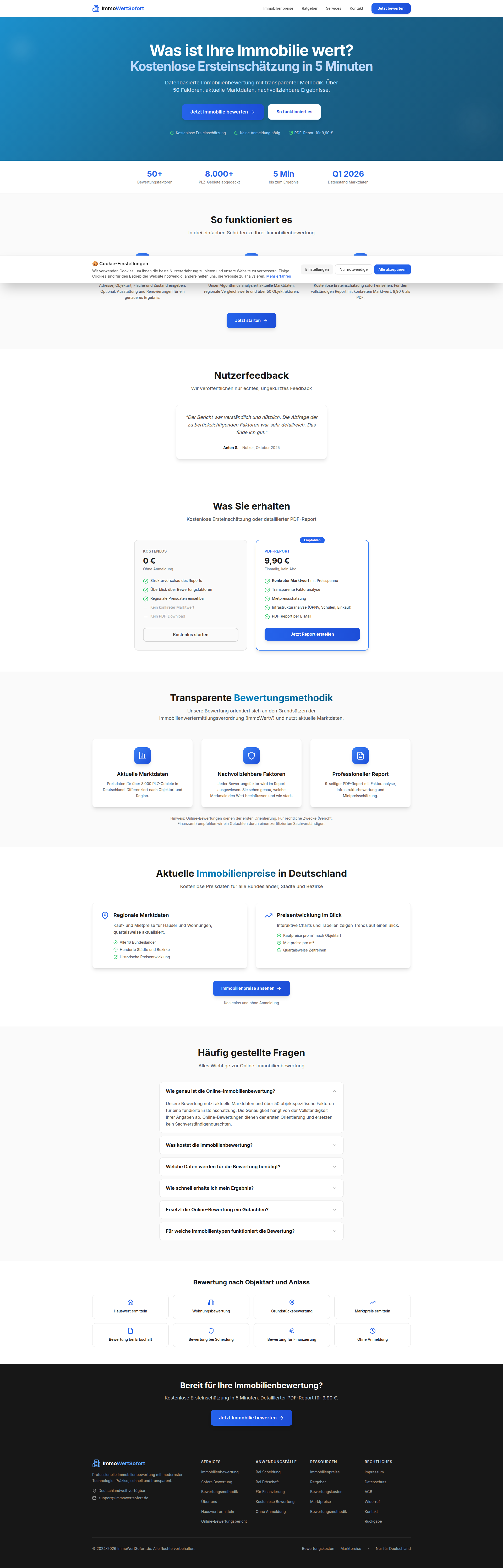 Landing page screenshot for immowertsofort.de, 1920 by 5982 pixels