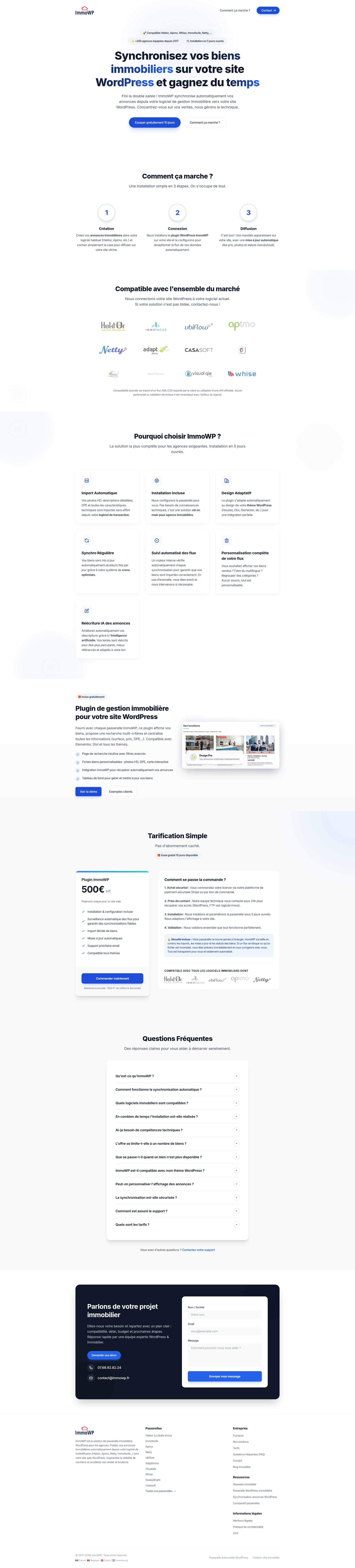 Landing page screenshot for immowp.fr, 1920 by 8476 pixels