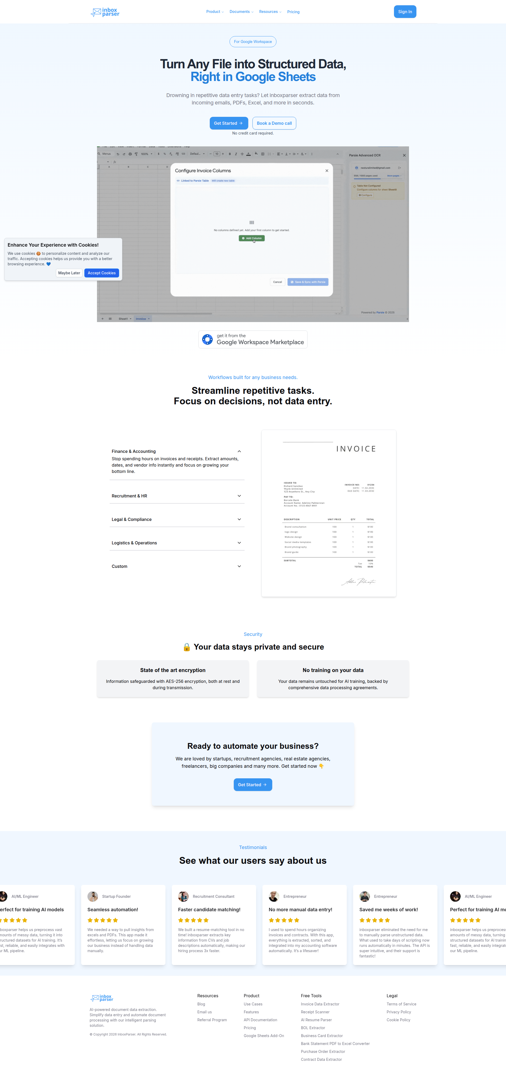 Landing page screenshot for inboxparser.io, 1920 by 4091 pixels