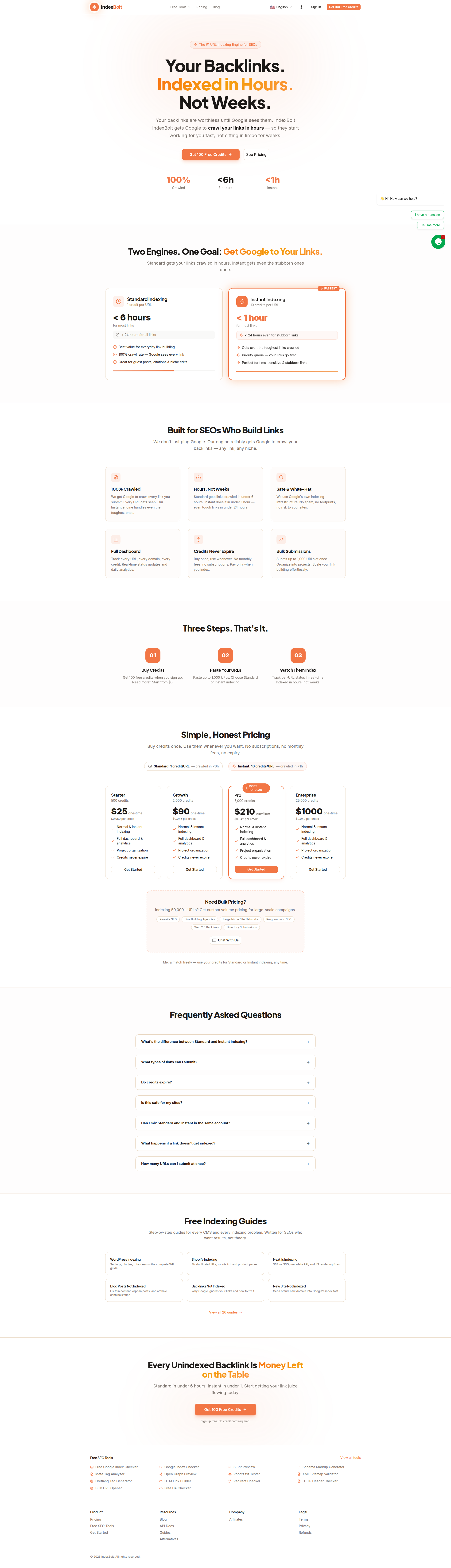 Landing page screenshot for indexbolt.com, 1920 by 6679 pixels