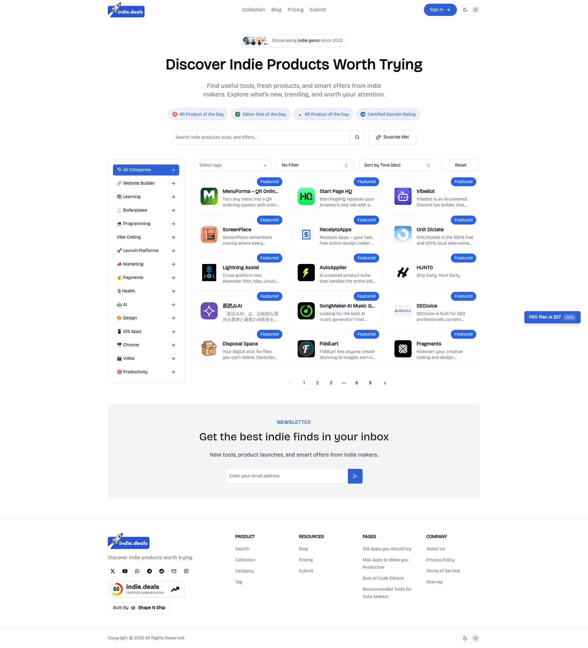 Landing page screenshot for indie.deals, 1920 by 2116 pixels