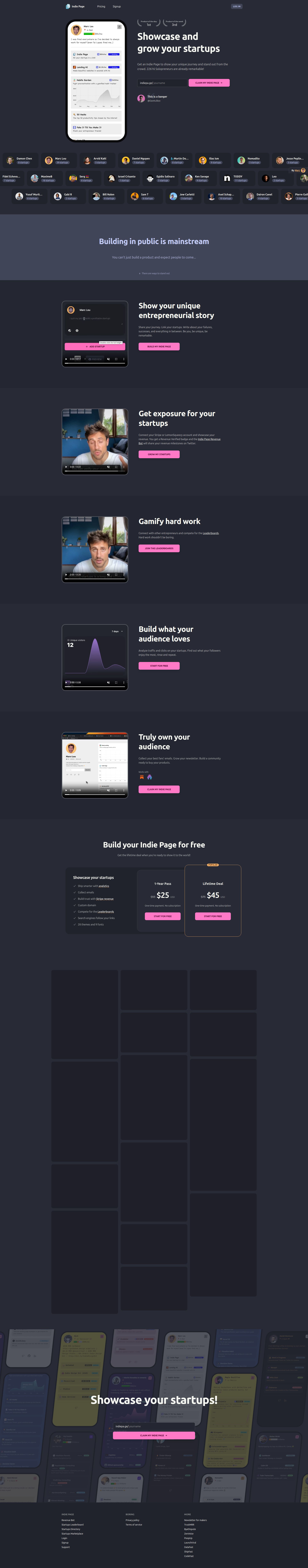 Landing page screenshot for indiepa.ge, 1920 by 9773 pixels