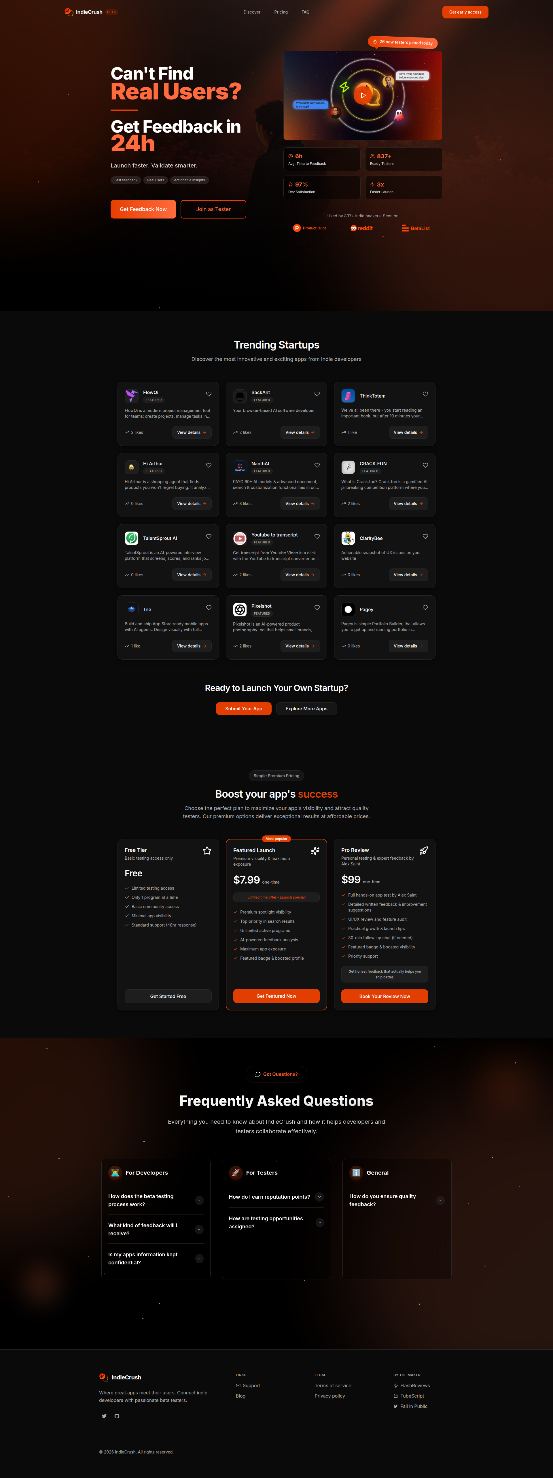 Landing page screenshot for indiecru.sh, 1920 by 5127 pixels