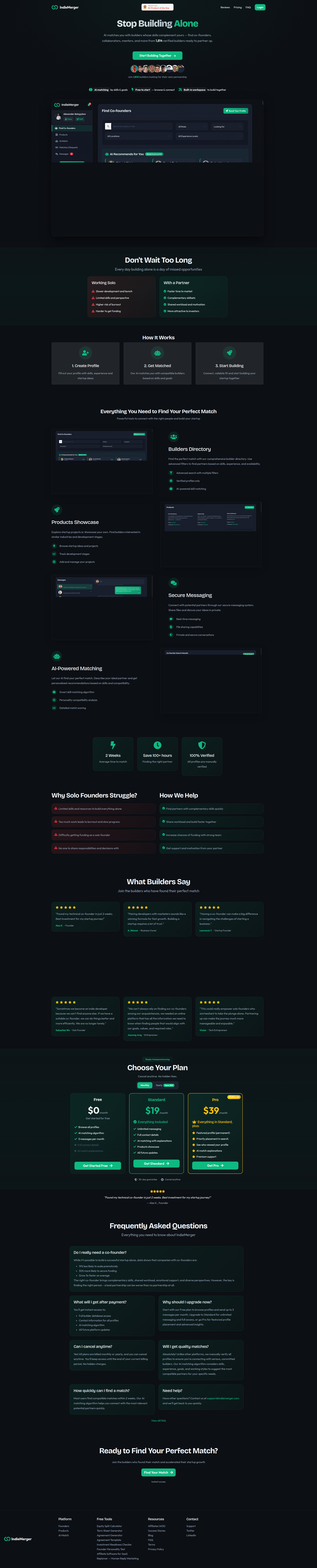Landing page screenshot for indiemerger.com, 1920 by 9487 pixels