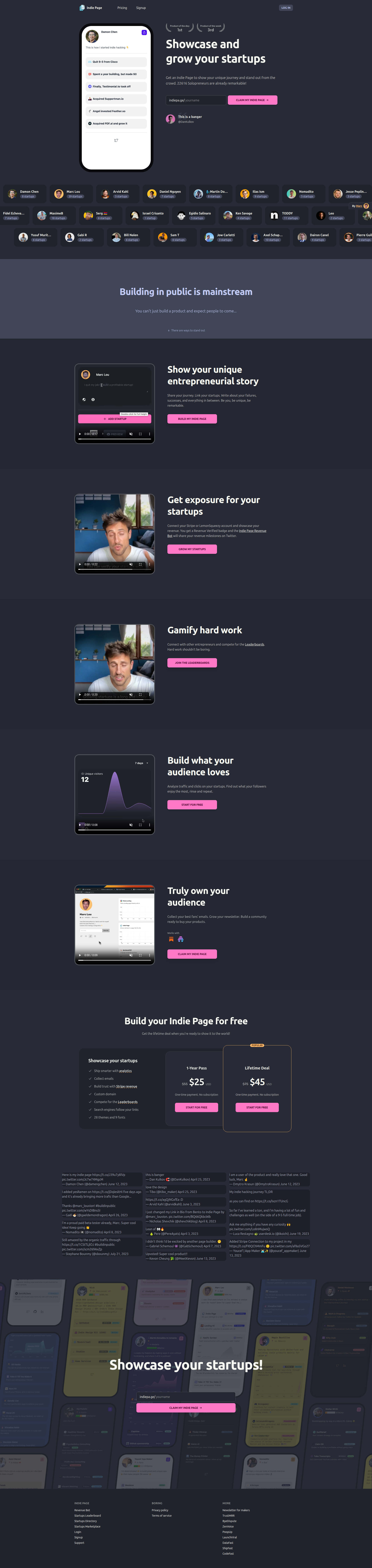 Landing page screenshot for indiepa.ge, 1920 by 8086 pixels