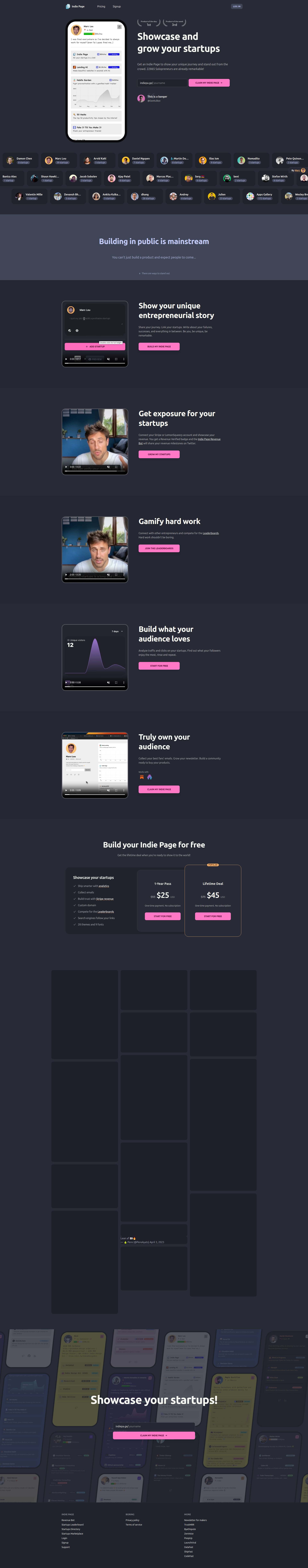 Landing page screenshot for indiepa.ge, 1920 by 9773 pixels