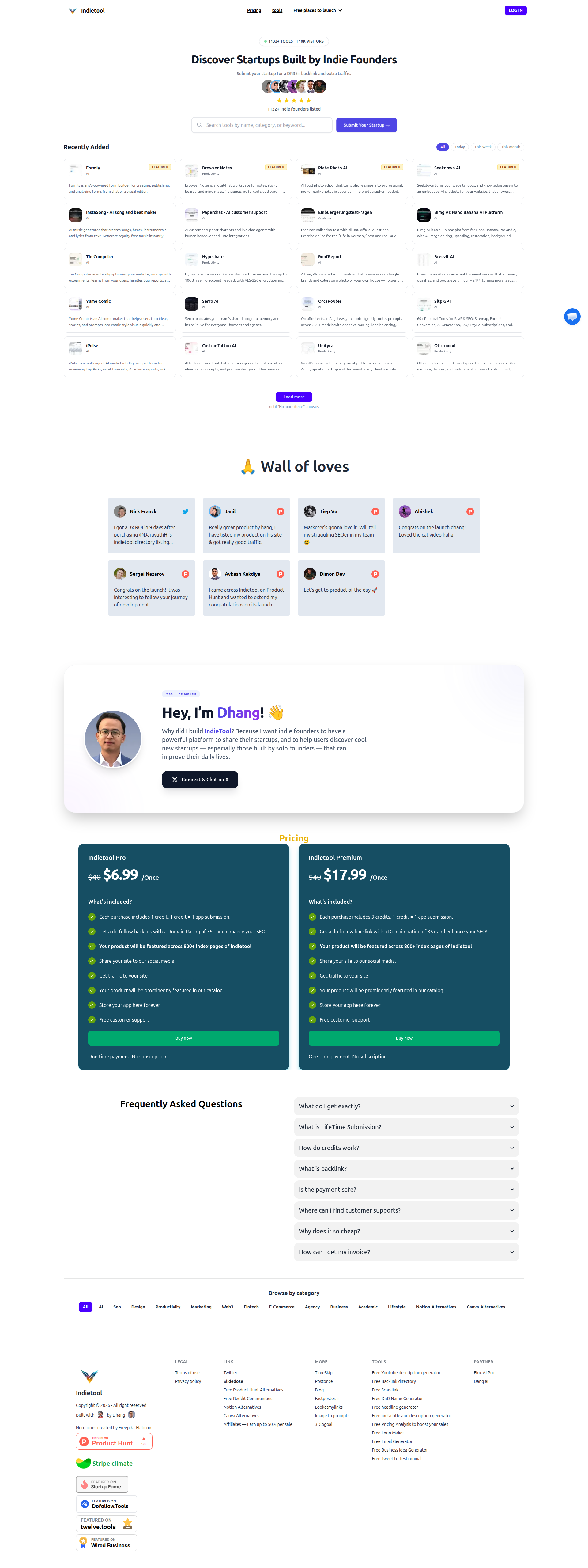 Landing page screenshot for indietool.io, 1920 by 5117 pixels