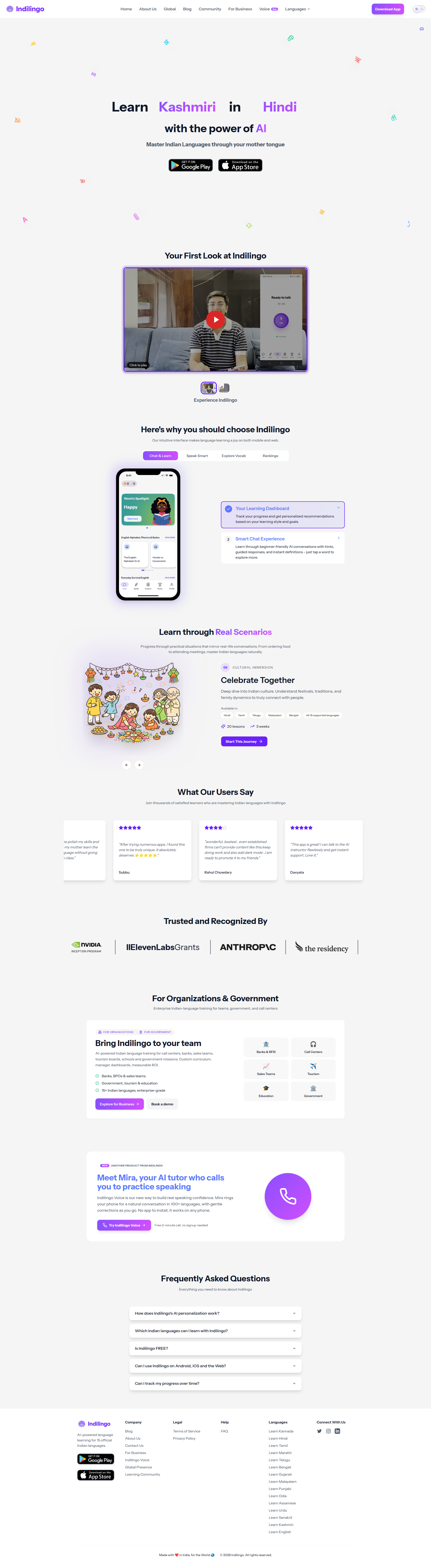 Landing page screenshot for indilingo.in, 1920 by 6975 pixels