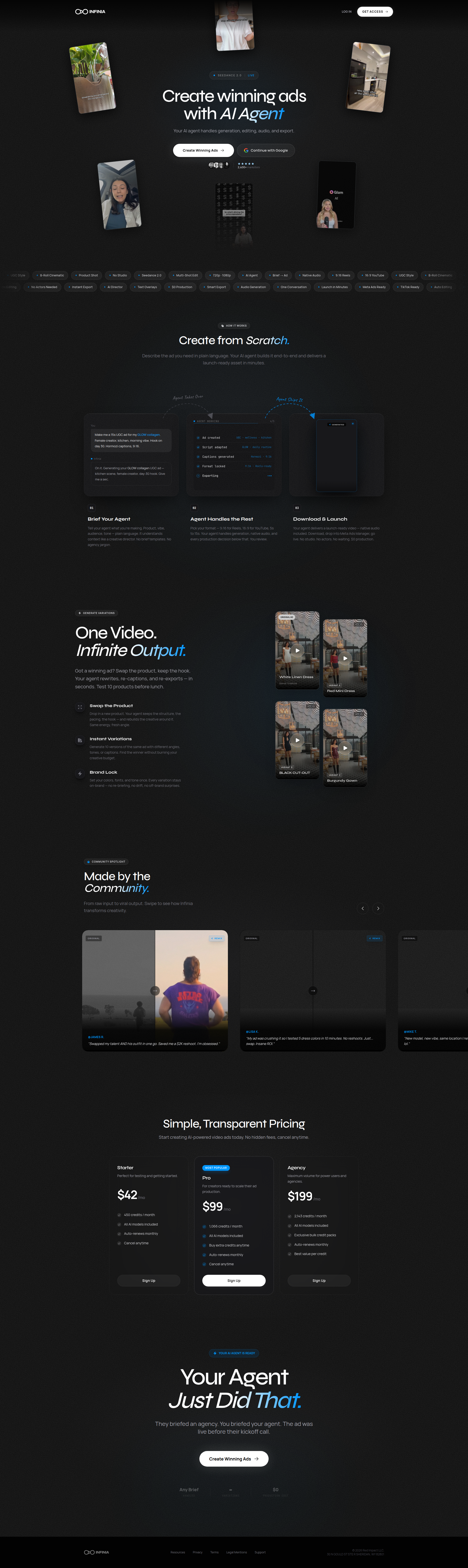 Landing page screenshot for tryinfinia.com, 1920 by 6433 pixels