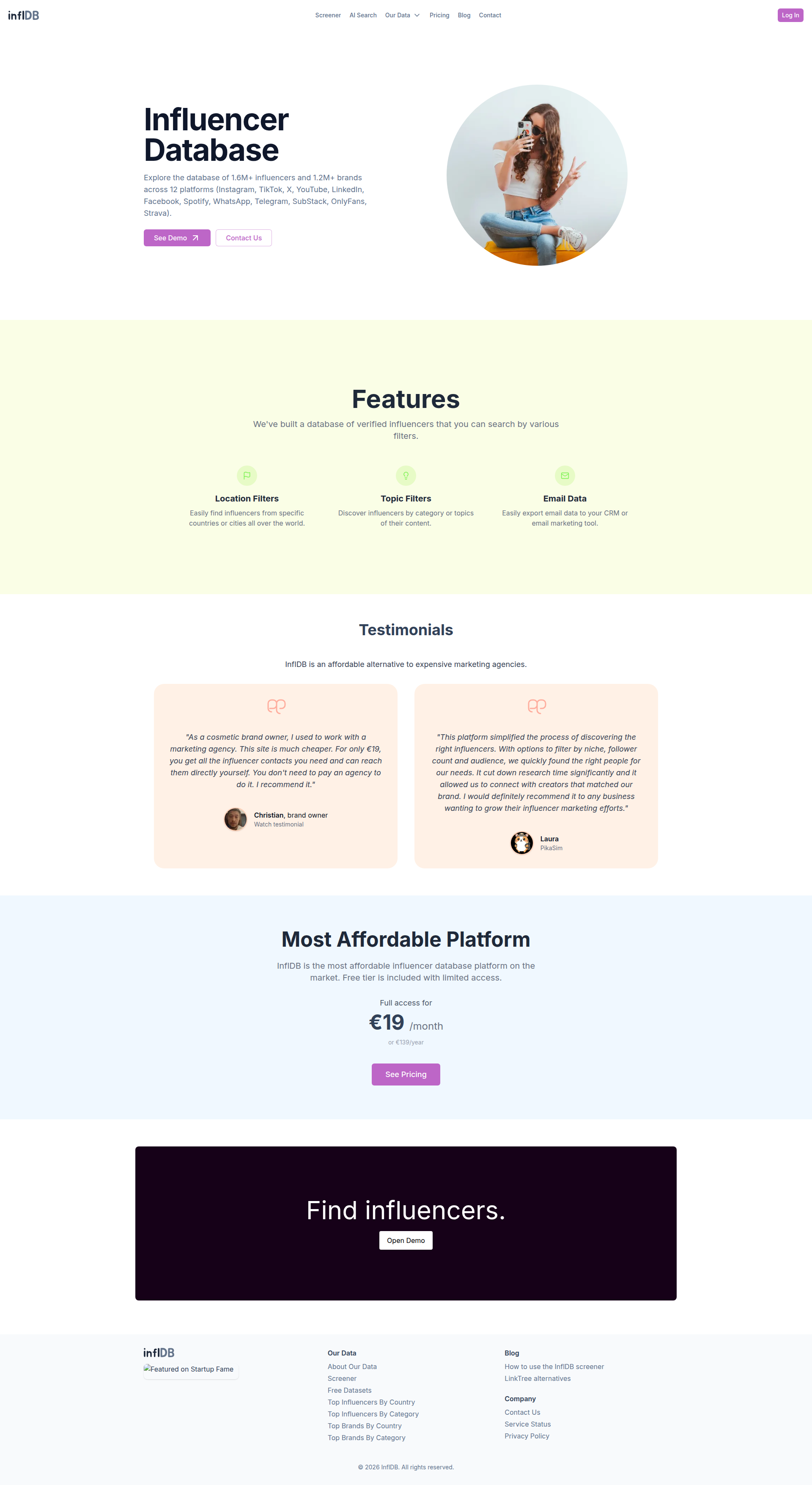 Landing page screenshot for infldb.com, 1920 by 3509 pixels