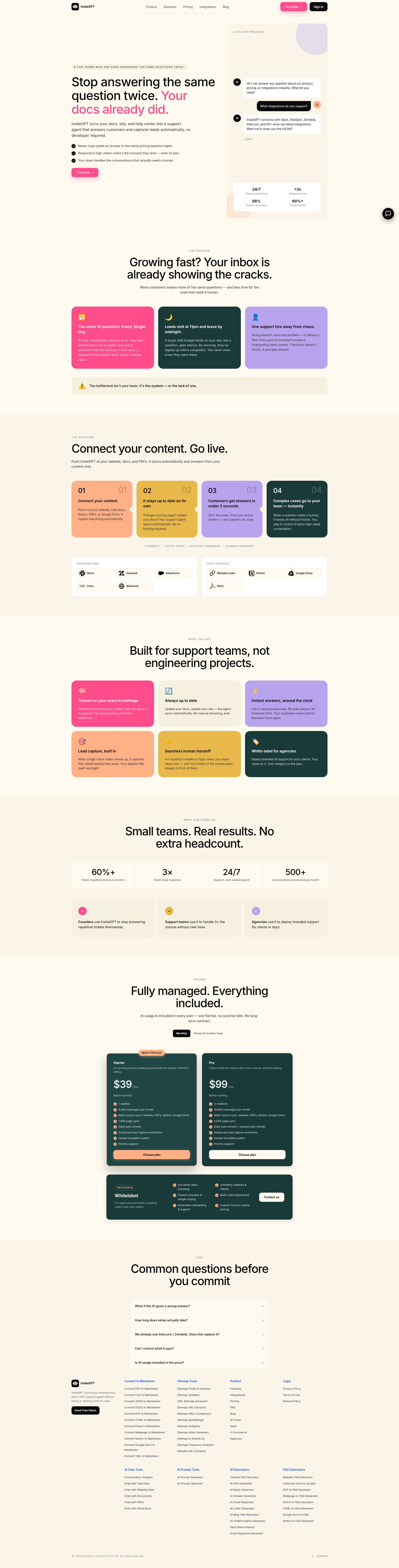Landing page screenshot for insitegpt.com, 1920 by 7544 pixels