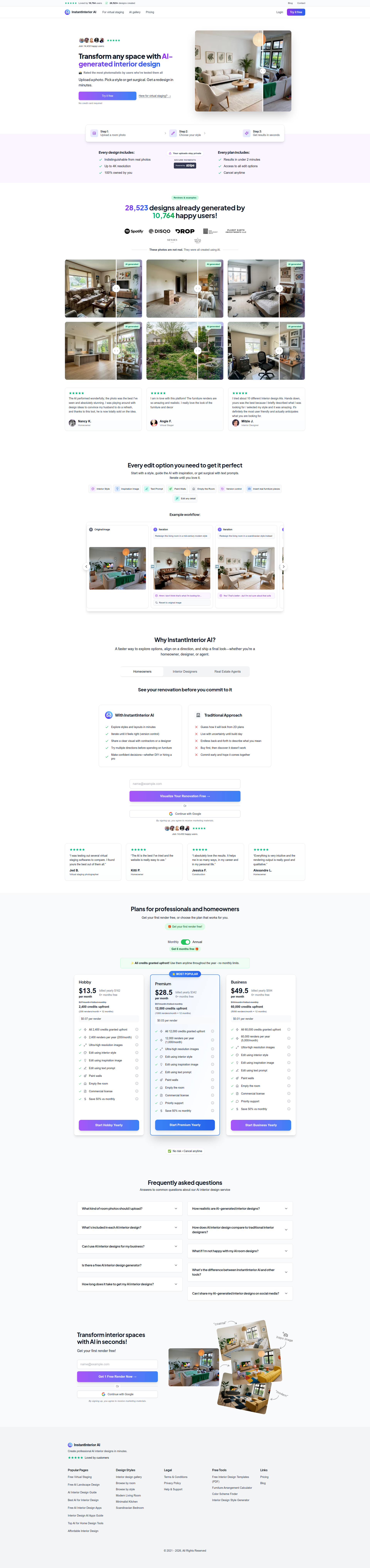 Landing page screenshot for instantinteriorai.com, 1920 by 8131 pixels