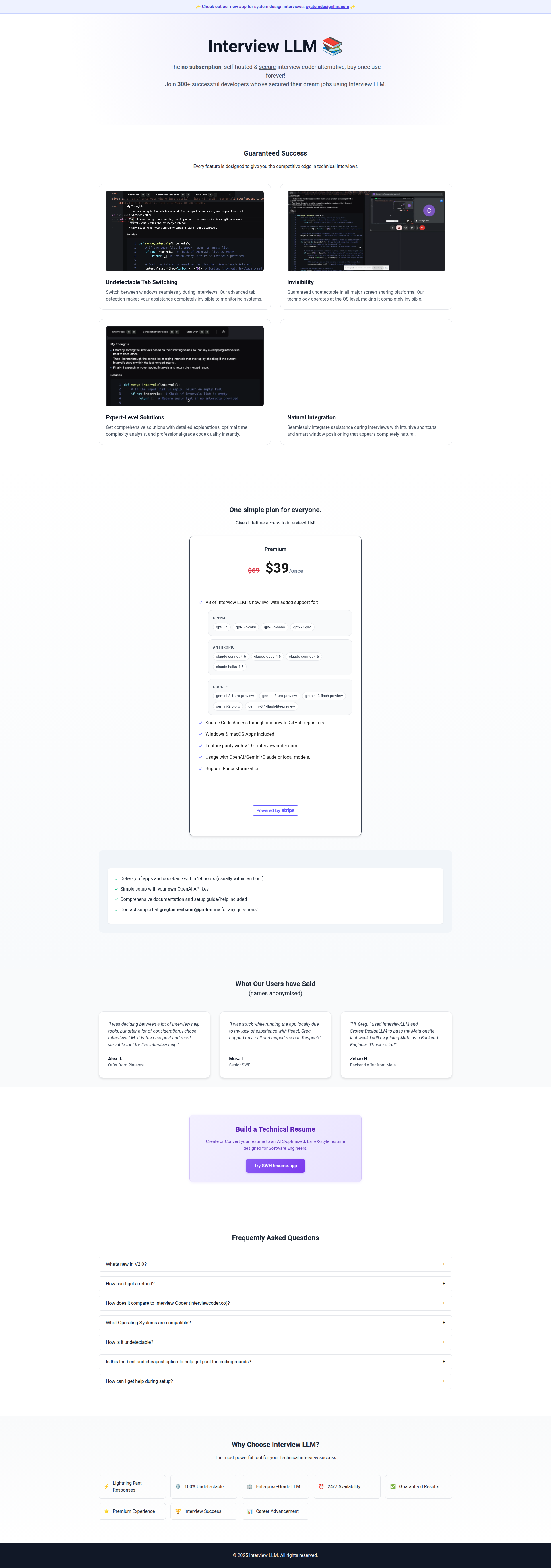 Landing page screenshot for interviewllm.dev, 1920 by 5462 pixels