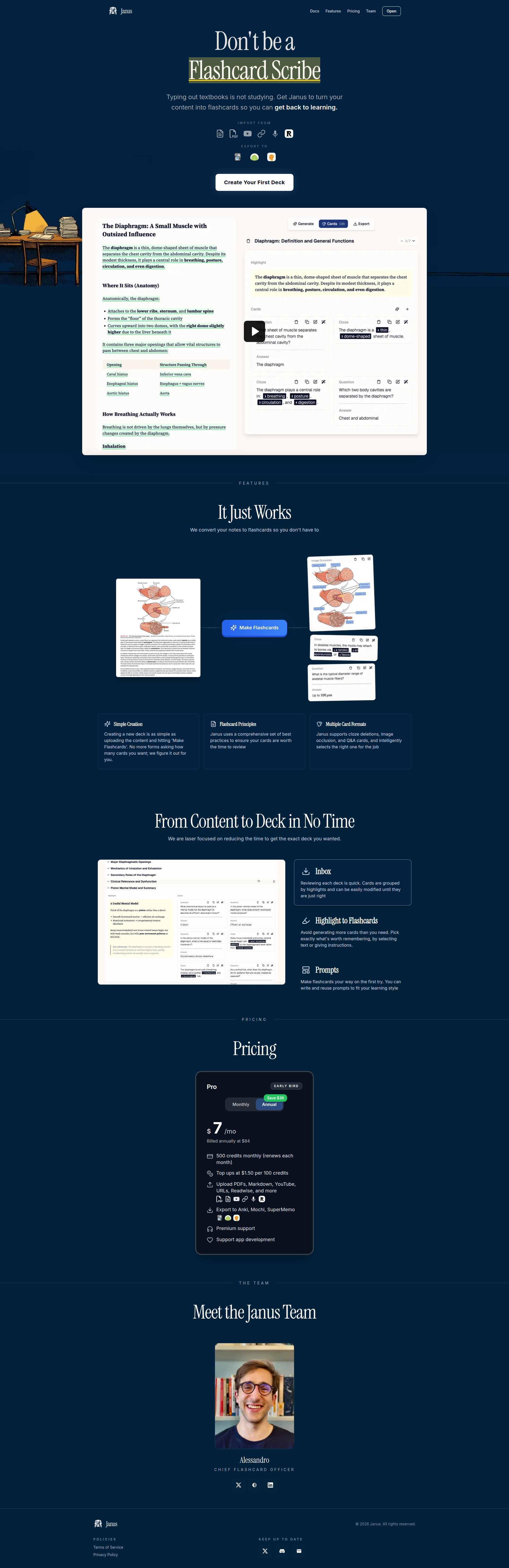 Landing page screenshot for janus.cards, 1920 by 5915 pixels