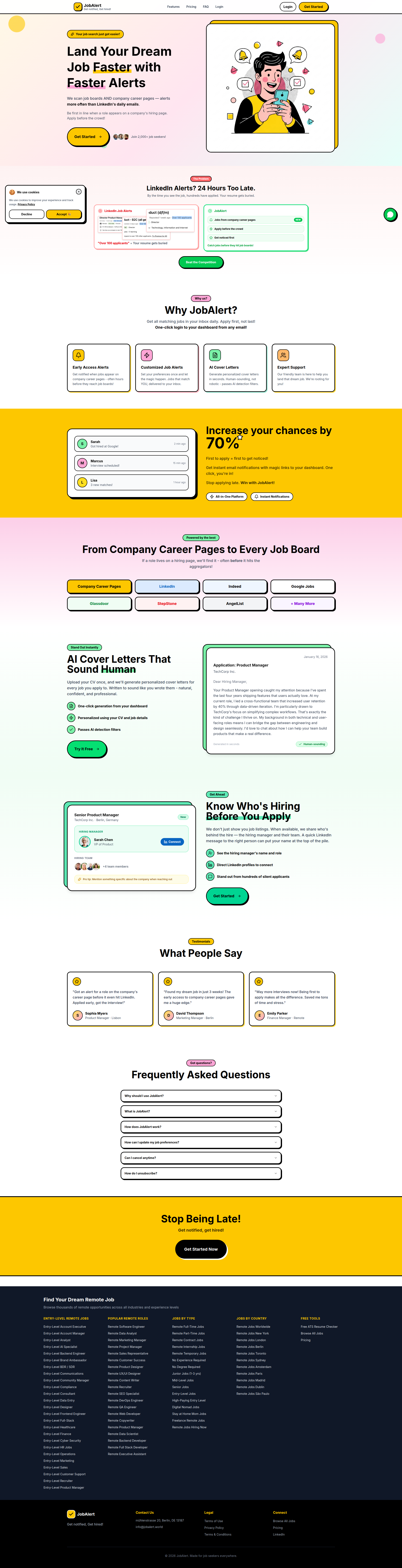 Landing page screenshot for jobalert.world, 1920 by 7486 pixels