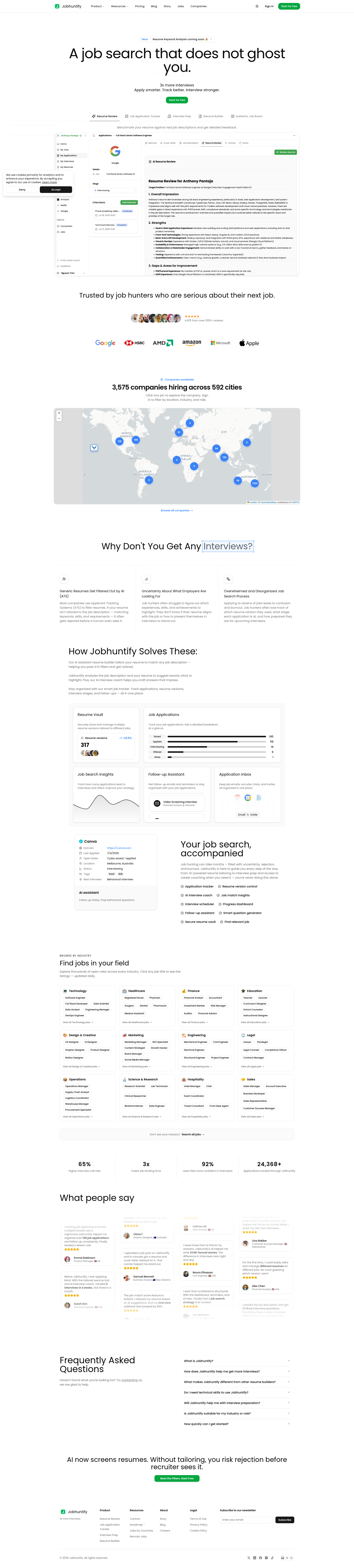 Landing page screenshot for jobhuntify.com, 1920 by 8509 pixels