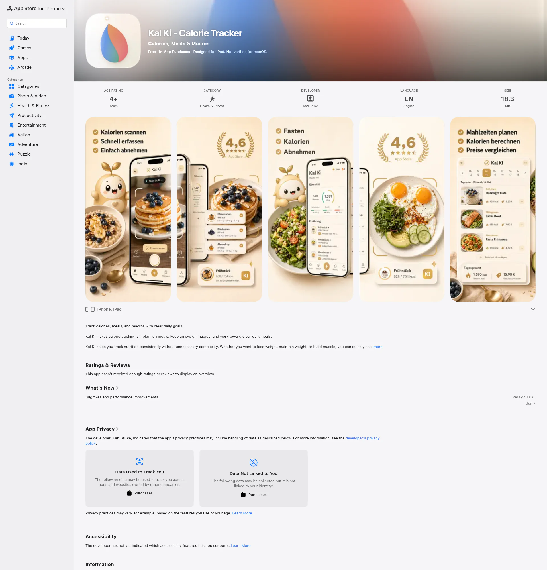 Kal Ki (German Market Calorie Tracker) landing page