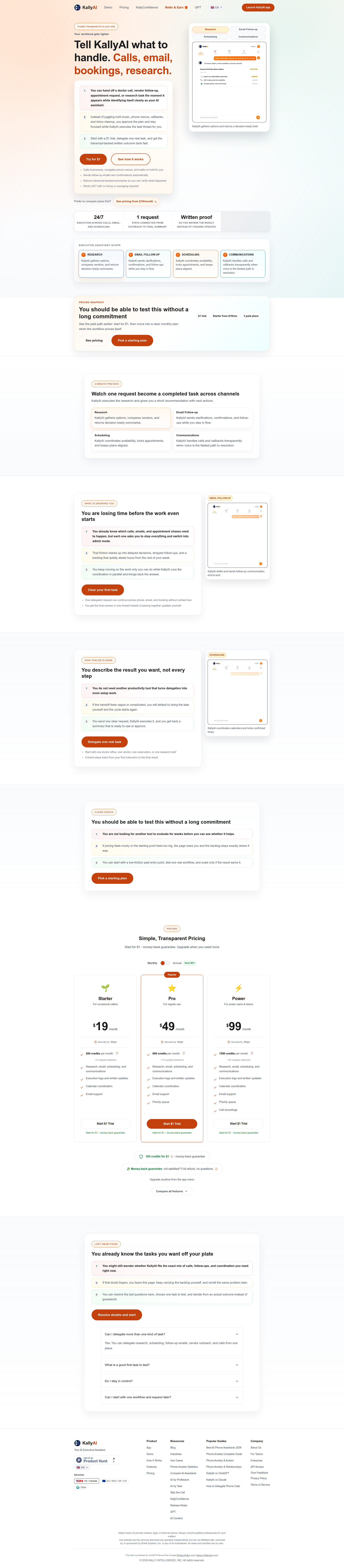 Landing page screenshot for kallyai.com, 1920 by 8738 pixels