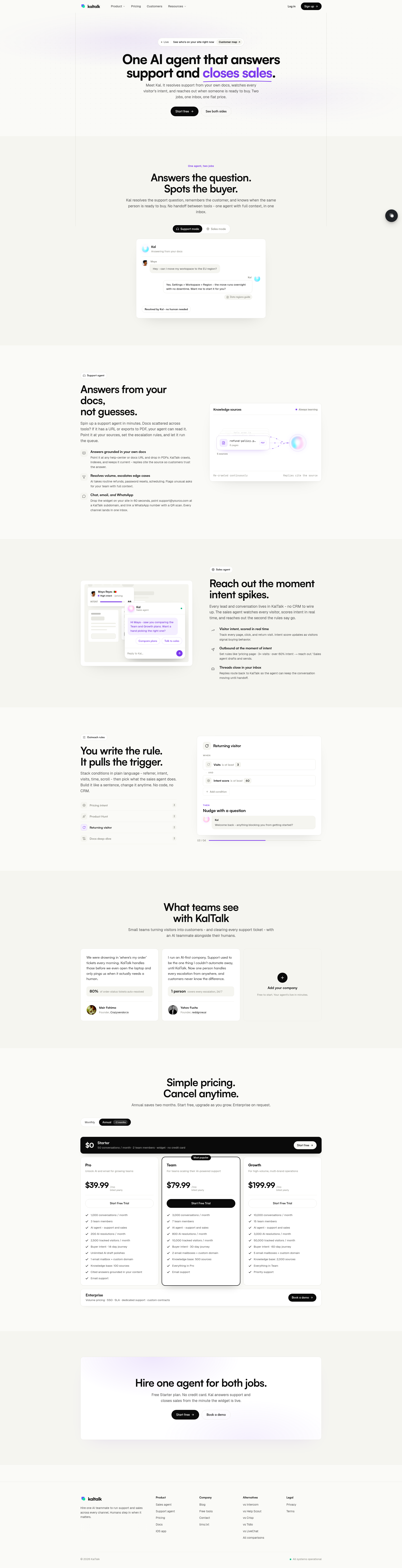Landing page screenshot for kaltalk.com, 1920 by 7488 pixels