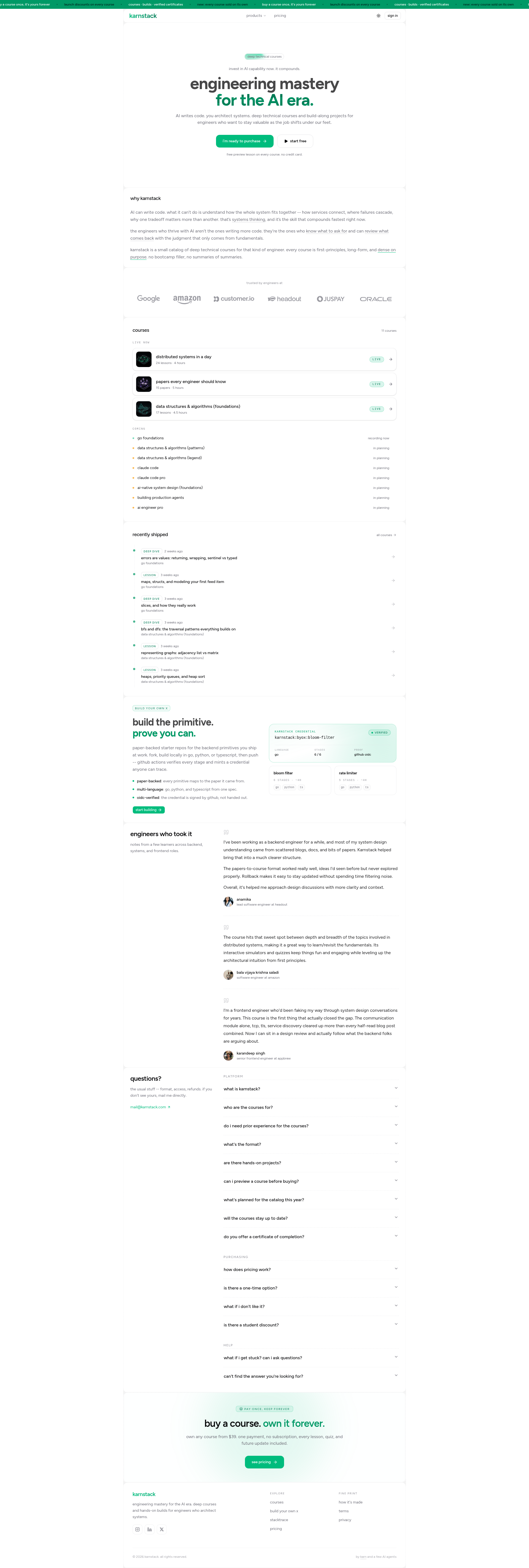 Landing page screenshot for karnstack.com, 1920 by 5686 pixels