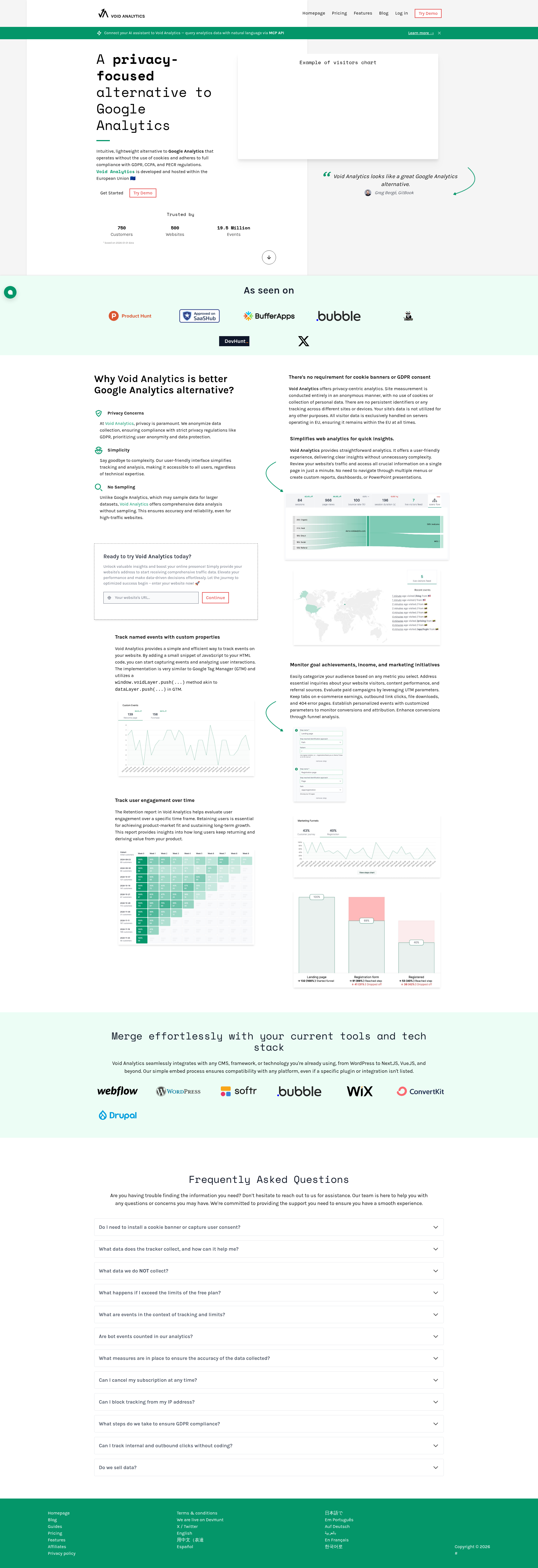 Landing page screenshot for voidanalytics.com, 1920 by 5598 pixels