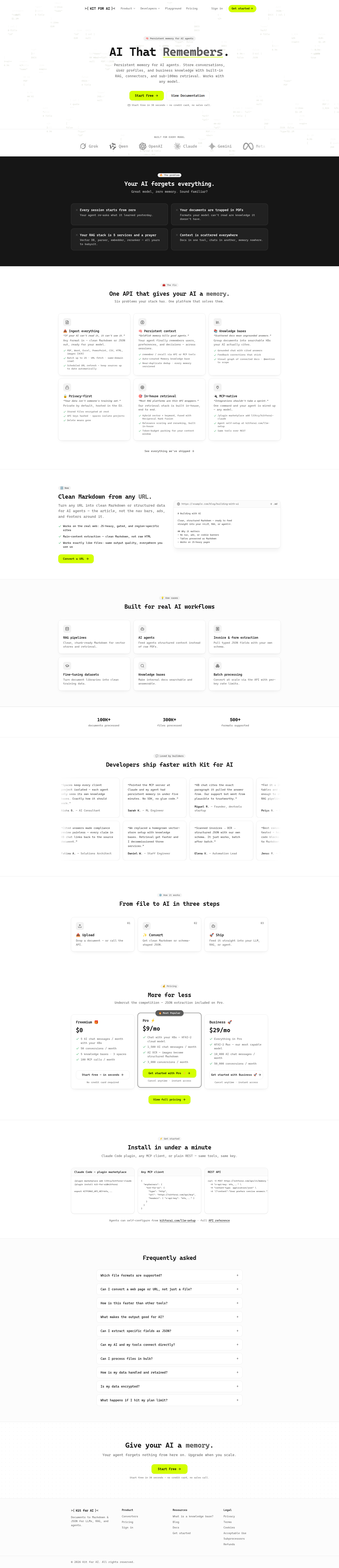 Landing page screenshot for kitforai.com, 1920 by 8870 pixels