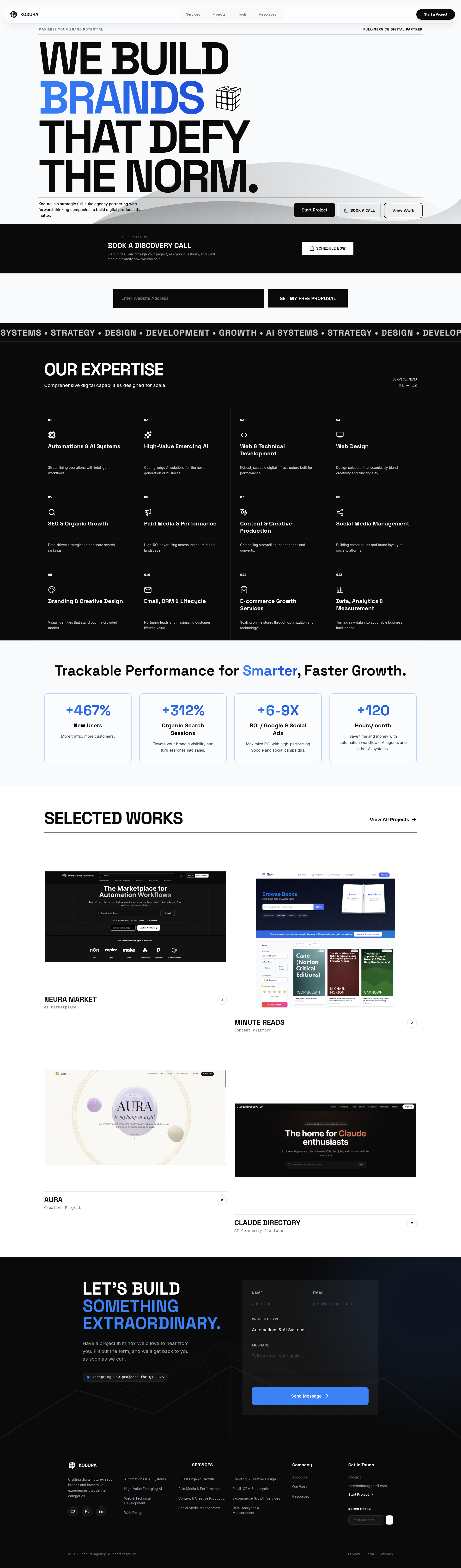 Landing page screenshot for kodura.co, 1920 by 6532 pixels
